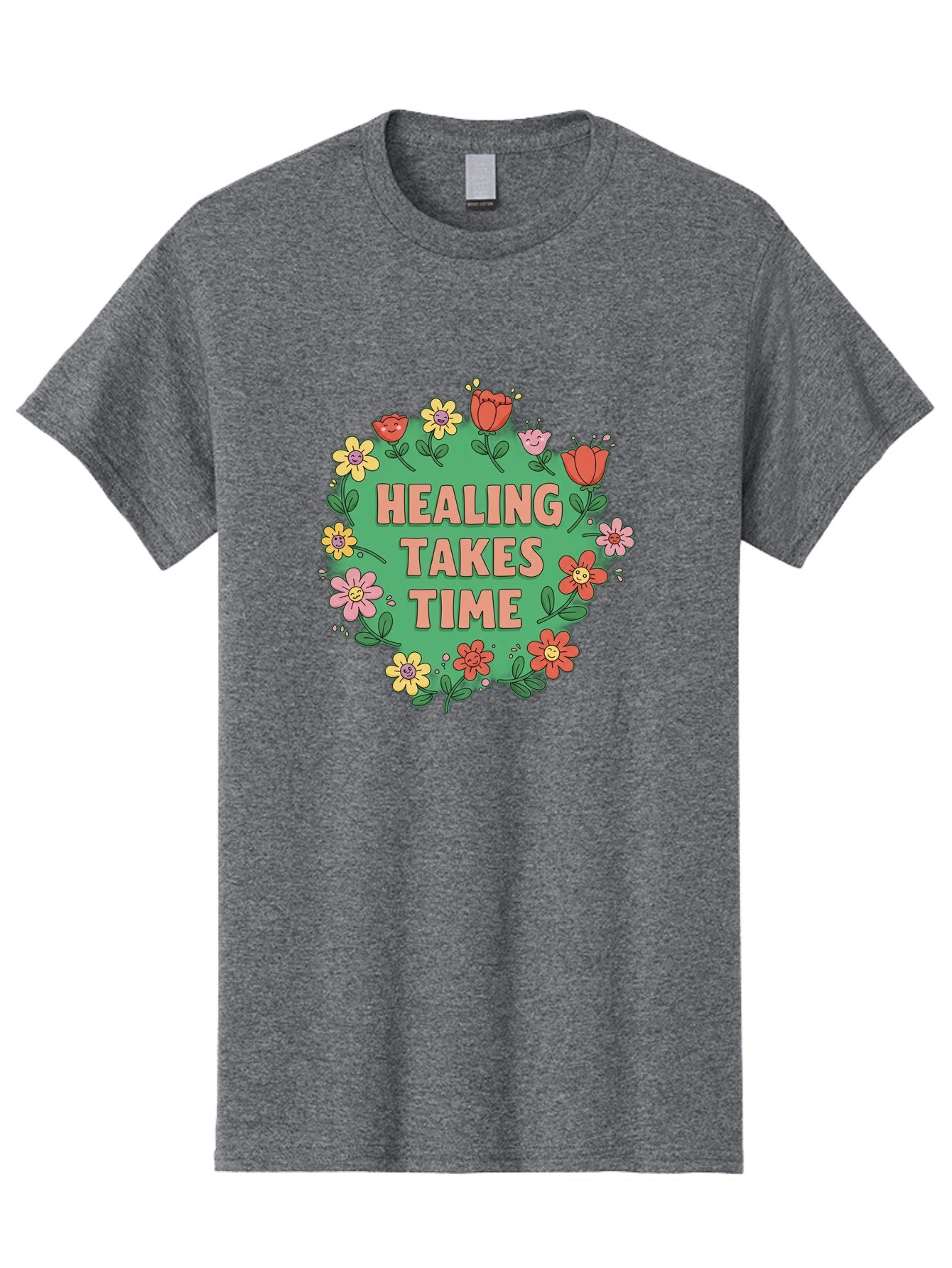 Healing-Takes-Time-3 Men'S Graphic Tee, 100% Cotton, Comfortable Casual Summer Wear, Machine Washable, Floral Wreath, Healing Takes Time, Inspirational Quote, Motivational Message, Self Care, Wellness, Mindfulness, Positive Affirmation Bae033 13