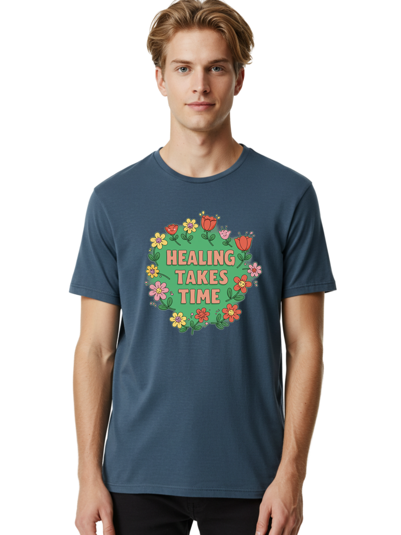 Healing-Takes-Time-3 Men'S Graphic Tee, 100% Cotton, Comfortable Casual Summer Wear, Machine Washable, Floral Wreath, Healing Takes Time, Inspirational Quote, Motivational Message, Self Care, Wellness, Mindfulness, Positive Affirmation Bae033 27