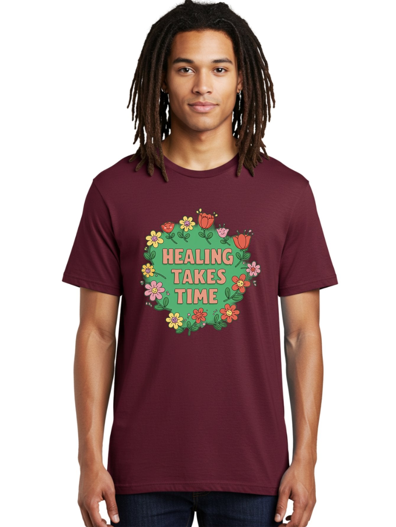 Healing-Takes-Time-3 Men'S Graphic Tee, 100% Cotton, Comfortable Casual Summer Wear, Machine Washable, Floral Wreath, Healing Takes Time, Inspirational Quote, Motivational Message, Self Care, Wellness, Mindfulness, Positive Affirmation Bae033 23