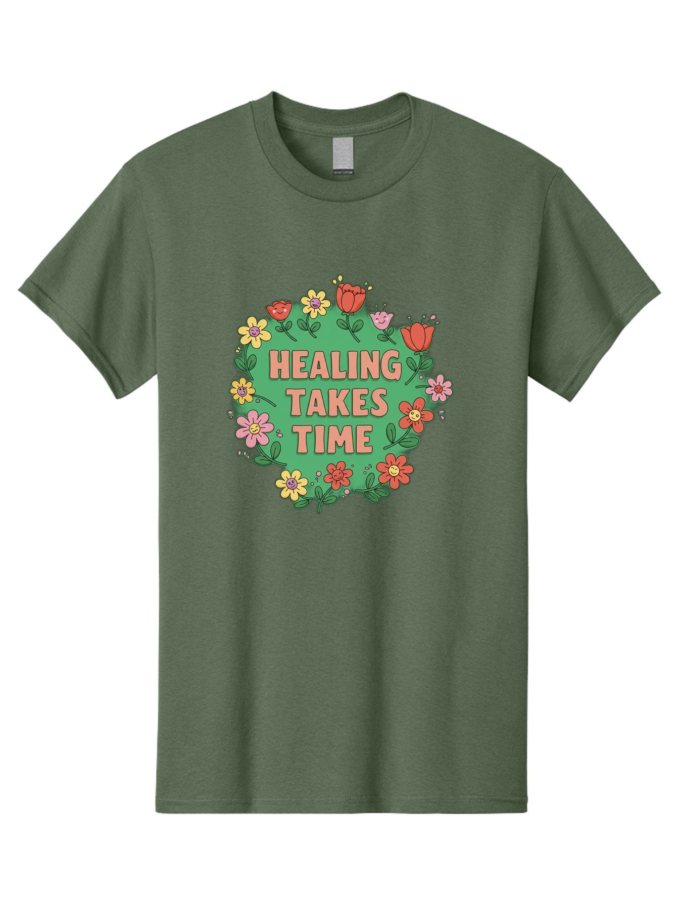 Healing-Takes-Time-3 Men'S Graphic Tee, 100% Cotton, Comfortable Casual Summer Wear, Machine Washable, Floral Wreath, Healing Takes Time, Inspirational Quote, Motivational Message, Self Care, Wellness, Mindfulness, Positive Affirmation Bae033 10
