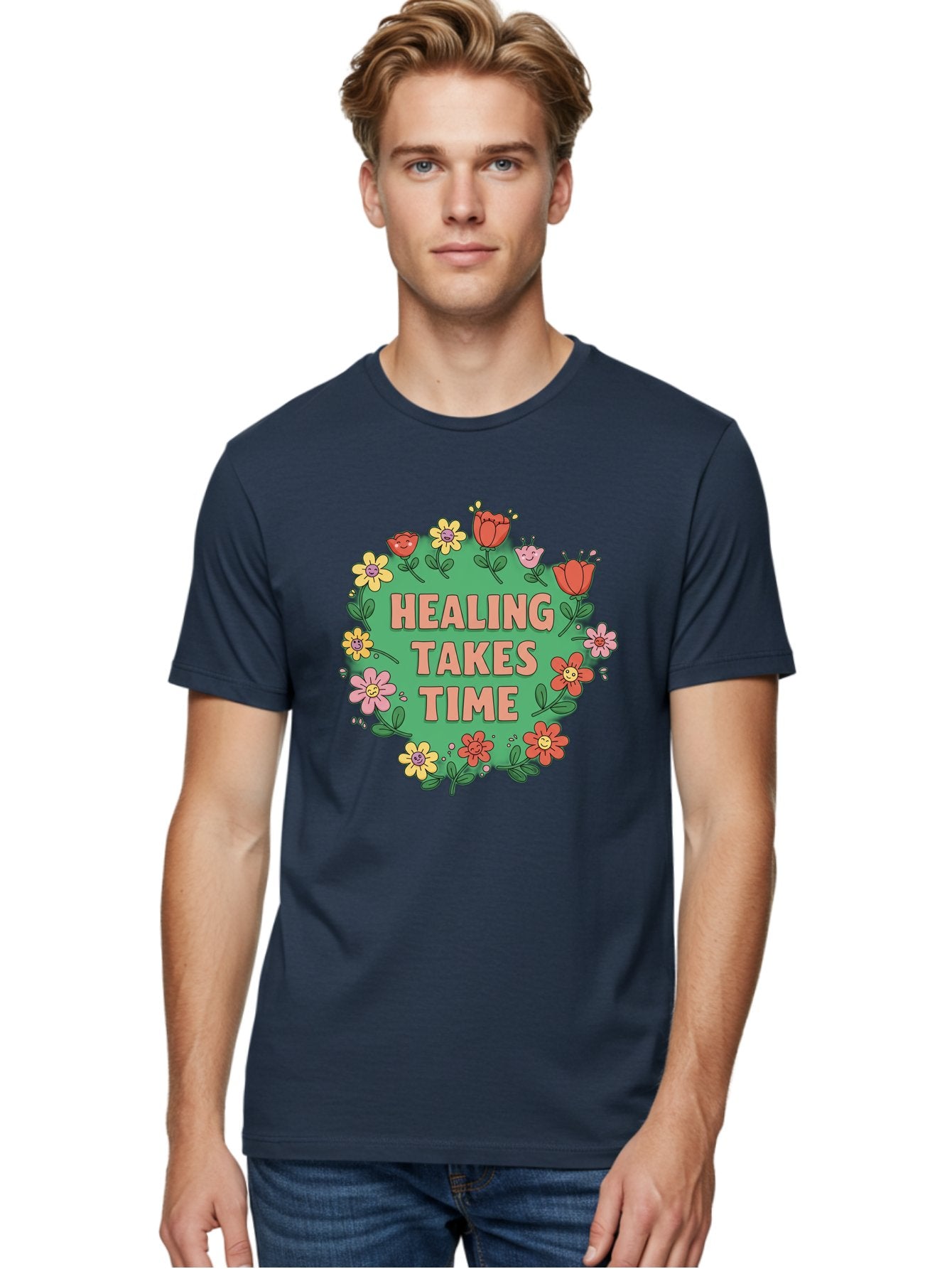 Healing-Takes-Time-3 Men'S Graphic Tee, 100% Cotton, Comfortable Casual Summer Wear, Machine Washable, Floral Wreath, Healing Takes Time, Inspirational Quote, Motivational Message, Self Care, Wellness, Mindfulness, Positive Affirmation Bae033 26