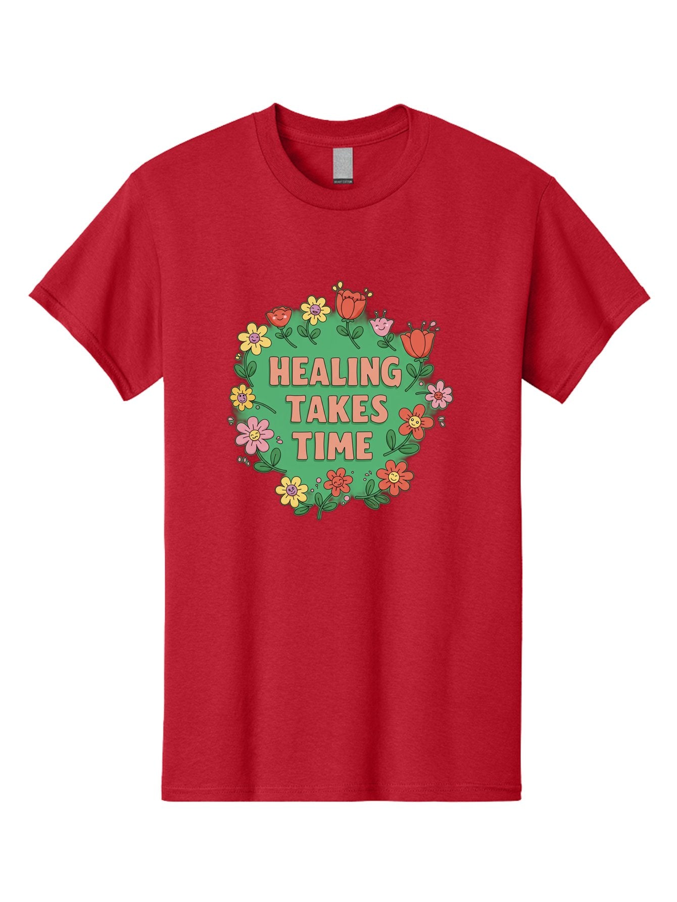 Healing-Takes-Time-3 Men'S Graphic Tee, 100% Cotton, Comfortable Casual Summer Wear, Machine Washable, Floral Wreath, Healing Takes Time, Inspirational Quote, Motivational Message, Self Care, Wellness, Mindfulness, Positive Affirmation Bae033