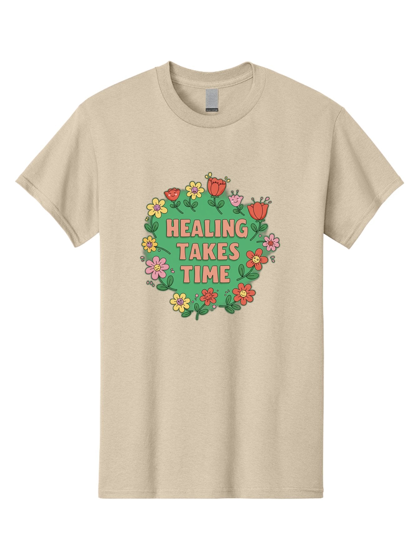 Healing-Takes-Time-3 Men'S Graphic Tee, 100% Cotton, Comfortable Casual Summer Wear, Machine Washable, Floral Wreath, Healing Takes Time, Inspirational Quote, Motivational Message, Self Care, Wellness, Mindfulness, Positive Affirmation Bae033 15