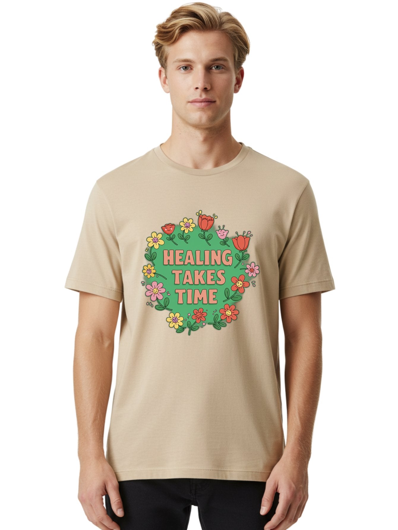 Healing-Takes-Time-3 Men'S Graphic Tee, 100% Cotton, Comfortable Casual Summer Wear, Machine Washable, Floral Wreath, Healing Takes Time, Inspirational Quote, Motivational Message, Self Care, Wellness, Mindfulness, Positive Affirmation Bae033 30
