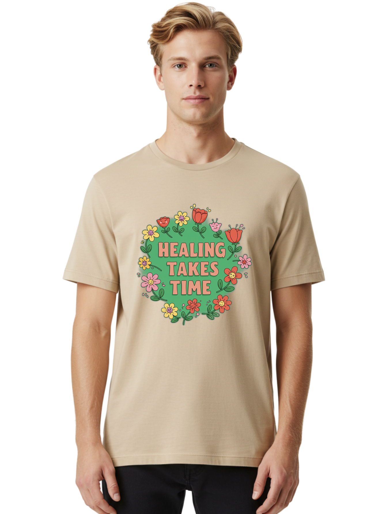 Healing-Takes-Time-3 Men'S Graphic Tee, 100% Cotton, Comfortable Casual Summer Wear, Machine Washable, Floral Wreath, Healing Takes Time, Inspirational Quote, Motivational Message, Self Care, Wellness, Mindfulness, Positive Affirmation Bae033 16