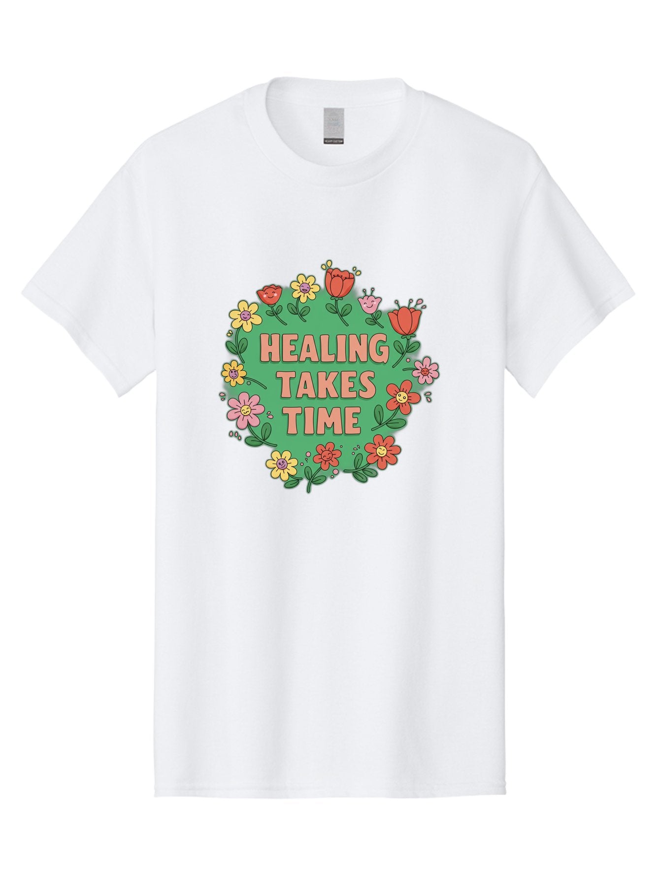 Healing-Takes-Time-3 Men'S Graphic Tee, 100% Cotton, Comfortable Casual Summer Wear, Machine Washable, Floral Wreath, Healing Takes Time, Inspirational Quote, Motivational Message, Self Care, Wellness, Mindfulness, Positive Affirmation Bae033