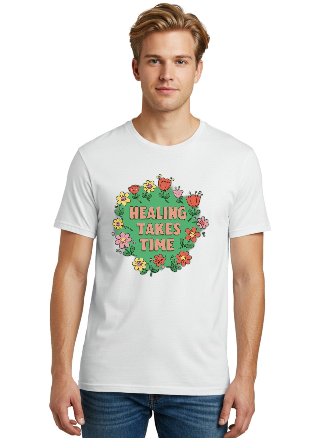 Healing-Takes-Time-3 Men'S Graphic Tee, 100% Cotton, Comfortable Casual Summer Wear, Machine Washable, Floral Wreath, Healing Takes Time, Inspirational Quote, Motivational Message, Self Care, Wellness, Mindfulness, Positive Affirmation Bae033 21