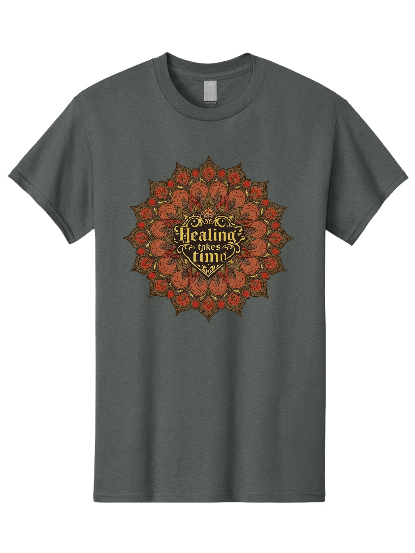 Healing-Takes-Time-4 Men'S Graphic Tee, 100% Cotton, Comfortable Casual Summer Wear, Machine Washable, Mandala Design, Healing Takes Time, Red And Gold Patterns, Intricate Details, Motivational Quote, Mindfulness, Self-Care, Bae034 4