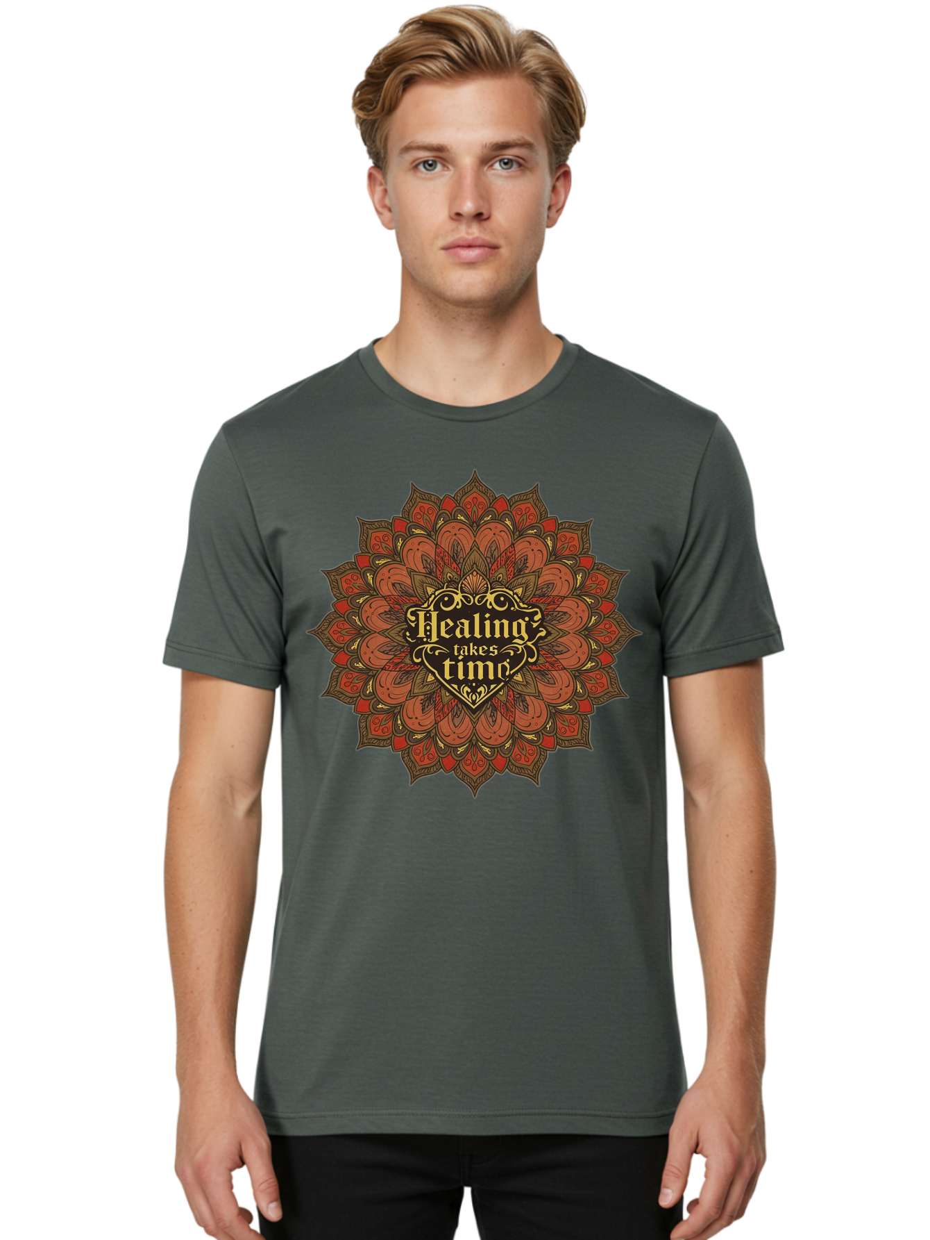Healing-Takes-Time-4 Men'S Graphic Tee, 100% Cotton, Comfortable Casual Summer Wear, Machine Washable, Mandala Design, Healing Takes Time, Red And Gold Patterns, Intricate Details, Motivational Quote, Mindfulness, Self-Care, Bae034 27