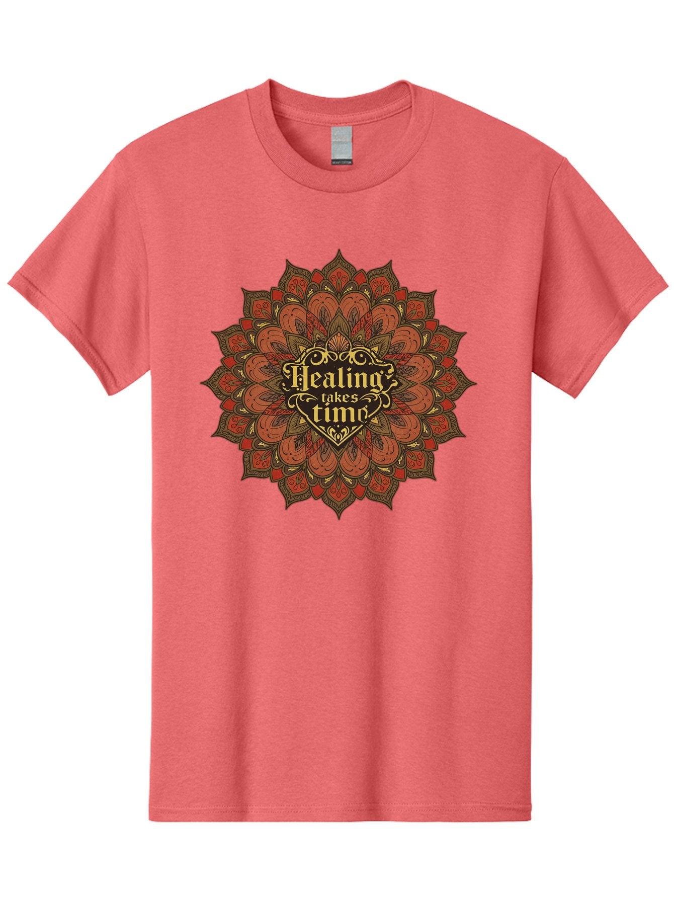 Healing-Takes-Time-4 Men'S Graphic Tee, 100% Cotton, Comfortable Casual Summer Wear, Machine Washable, Mandala Design, Healing Takes Time, Red And Gold Patterns, Intricate Details, Motivational Quote, Mindfulness, Self-Care, Bae034 10