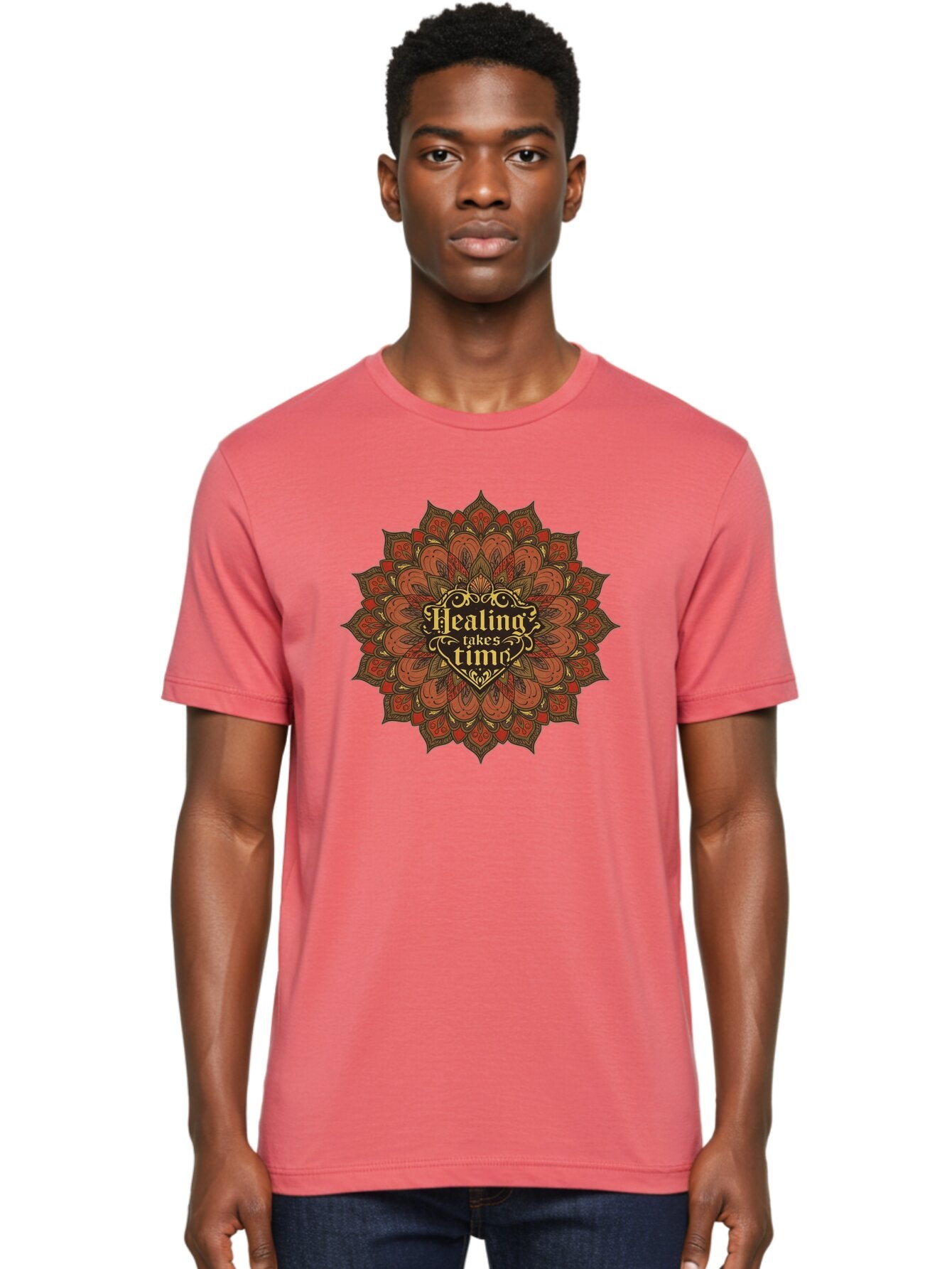 Healing-Takes-Time-4 Men'S Graphic Tee, 100% Cotton, Comfortable Casual Summer Wear, Machine Washable, Mandala Design, Healing Takes Time, Red And Gold Patterns, Intricate Details, Motivational Quote, Mindfulness, Self-Care, Bae034 17