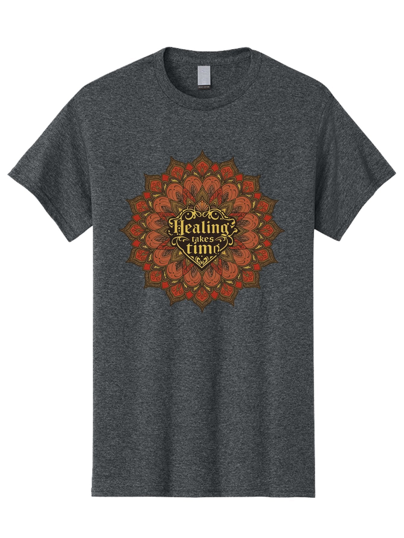 Healing-Takes-Time-4 Men'S Graphic Tee, 100% Cotton, Comfortable Casual Summer Wear, Machine Washable, Mandala Design, Healing Takes Time, Red And Gold Patterns, Intricate Details, Motivational Quote, Mindfulness, Self-Care, Bae034 6
