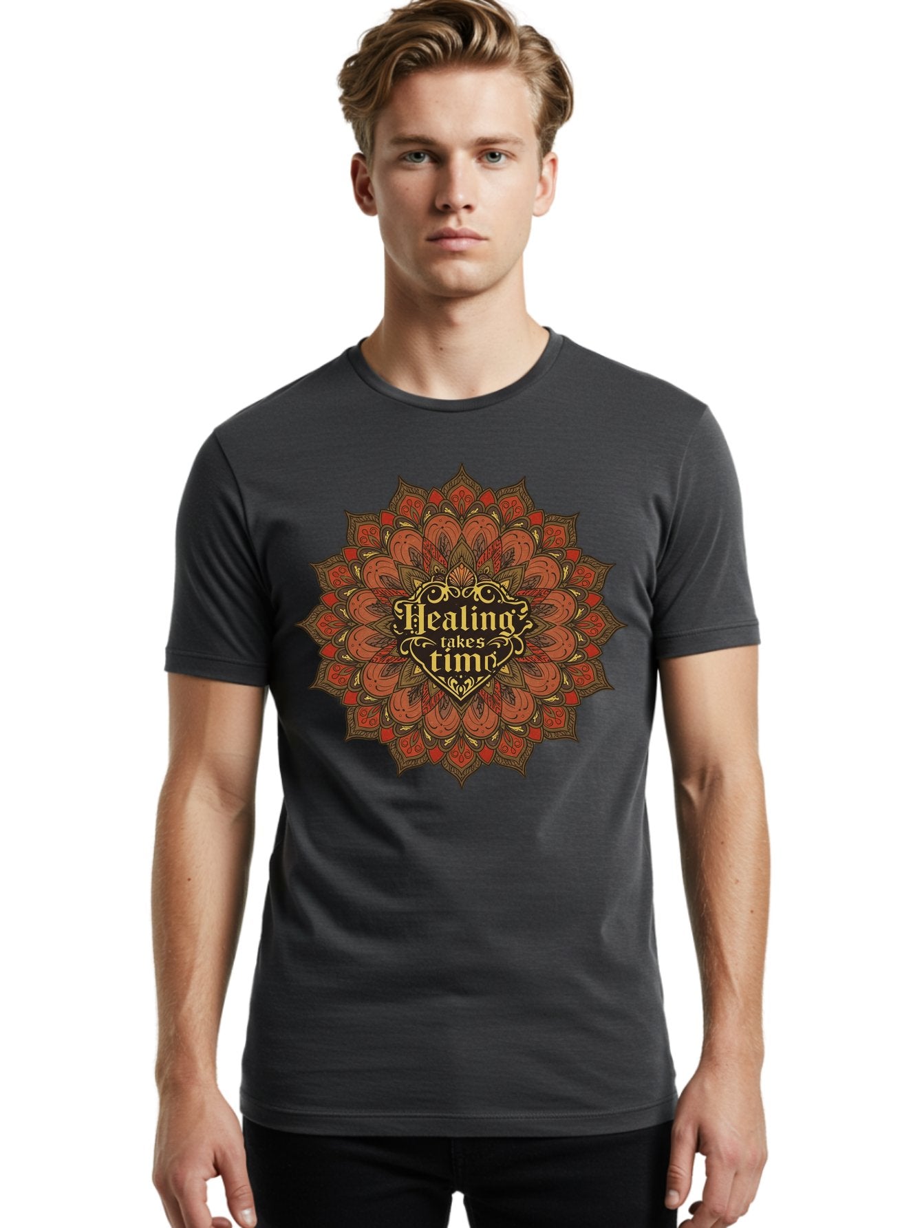 Healing-Takes-Time-4 Men'S Graphic Tee, 100% Cotton, Comfortable Casual Summer Wear, Machine Washable, Mandala Design, Healing Takes Time, Red And Gold Patterns, Intricate Details, Motivational Quote, Mindfulness, Self-Care, Bae034 24