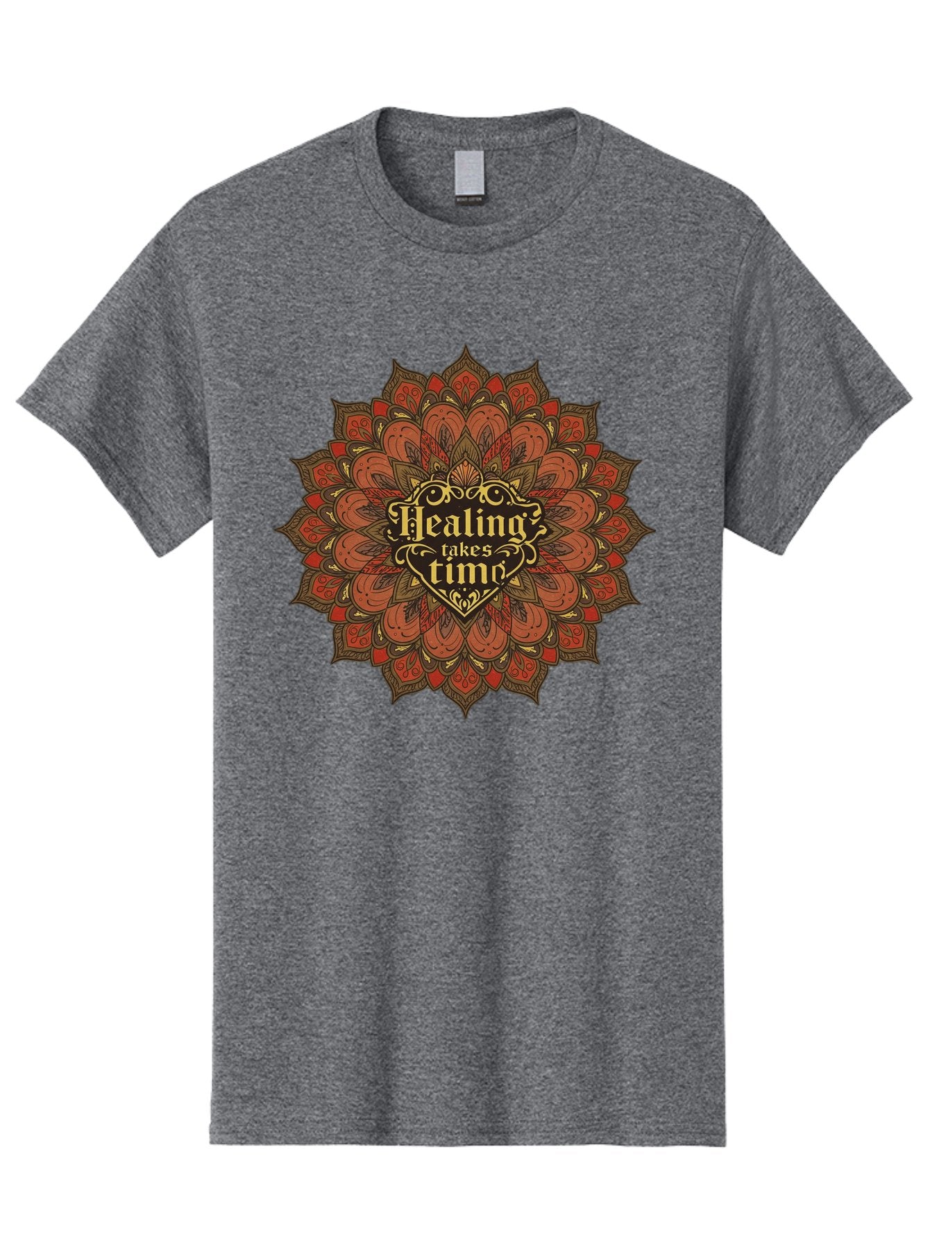 Healing-Takes-Time-4 Men'S Graphic Tee, 100% Cotton, Comfortable Casual Summer Wear, Machine Washable, Mandala Design, Healing Takes Time, Red And Gold Patterns, Intricate Details, Motivational Quote, Mindfulness, Self-Care, Bae034 7