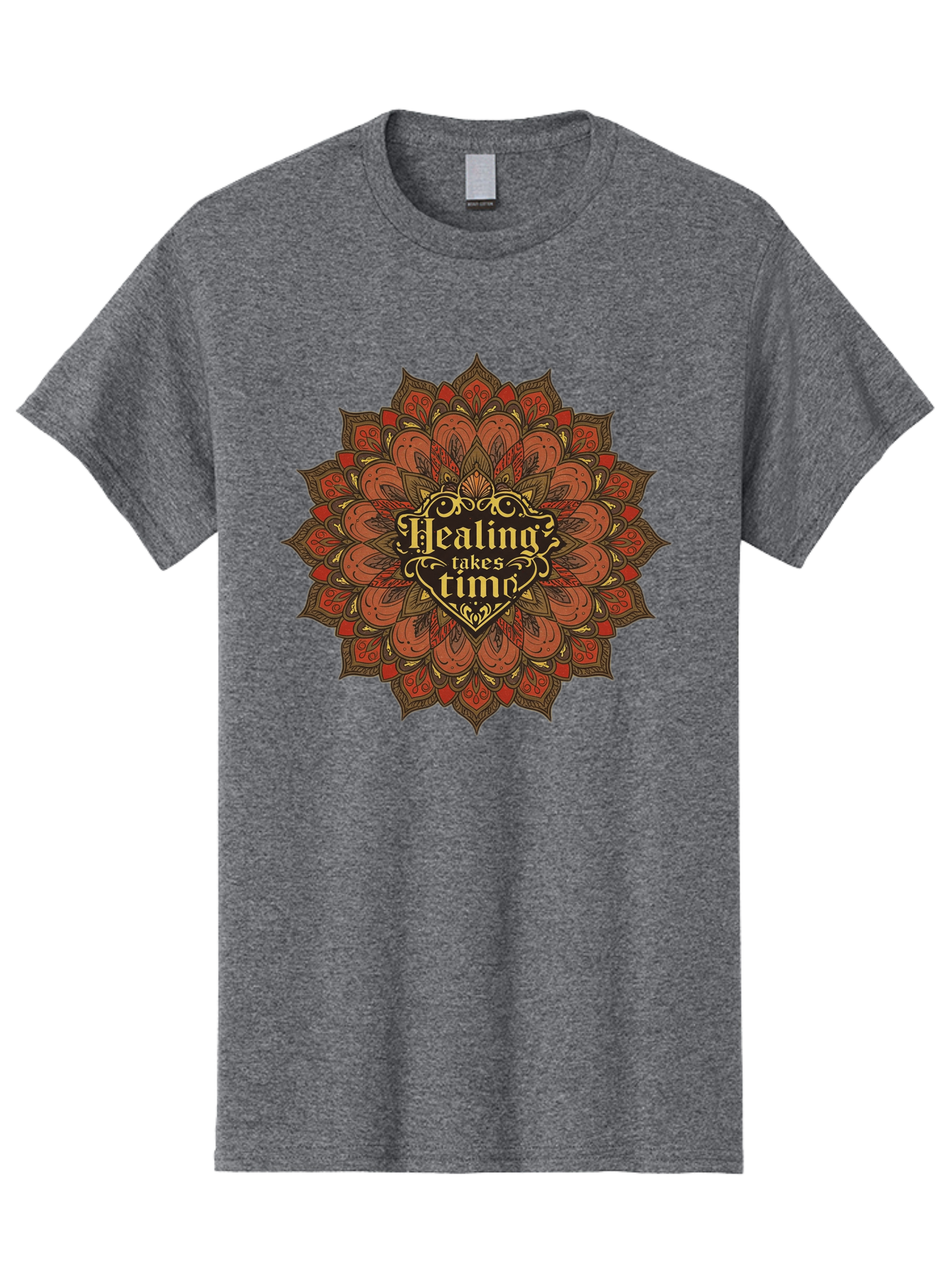 Healing-Takes-Time-4 Men'S Graphic Tee, 100% Cotton, Comfortable Casual Summer Wear, Machine Washable, Mandala Design, Healing Takes Time, Red And Gold Patterns, Intricate Details, Motivational Quote, Mindfulness, Self-Care, Bae034 13