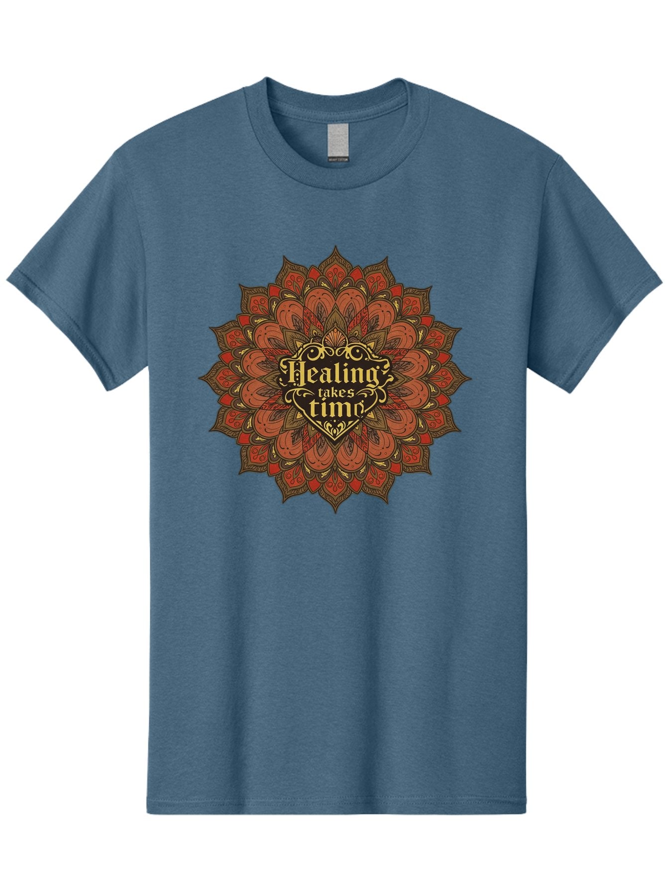 Healing-Takes-Time-4 Men'S Graphic Tee, 100% Cotton, Comfortable Casual Summer Wear, Machine Washable, Mandala Design, Healing Takes Time, Red And Gold Patterns, Intricate Details, Motivational Quote, Mindfulness, Self-Care, Bae034 5
