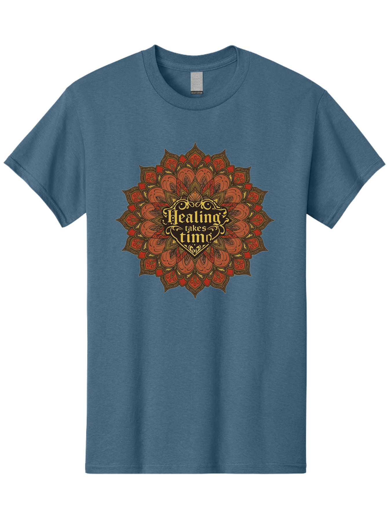 Healing-Takes-Time-4 Men'S Graphic Tee, 100% Cotton, Comfortable Casual Summer Wear, Machine Washable, Mandala Design, Healing Takes Time, Red And Gold Patterns, Intricate Details, Motivational Quote, Mindfulness, Self-Care, Bae034 8