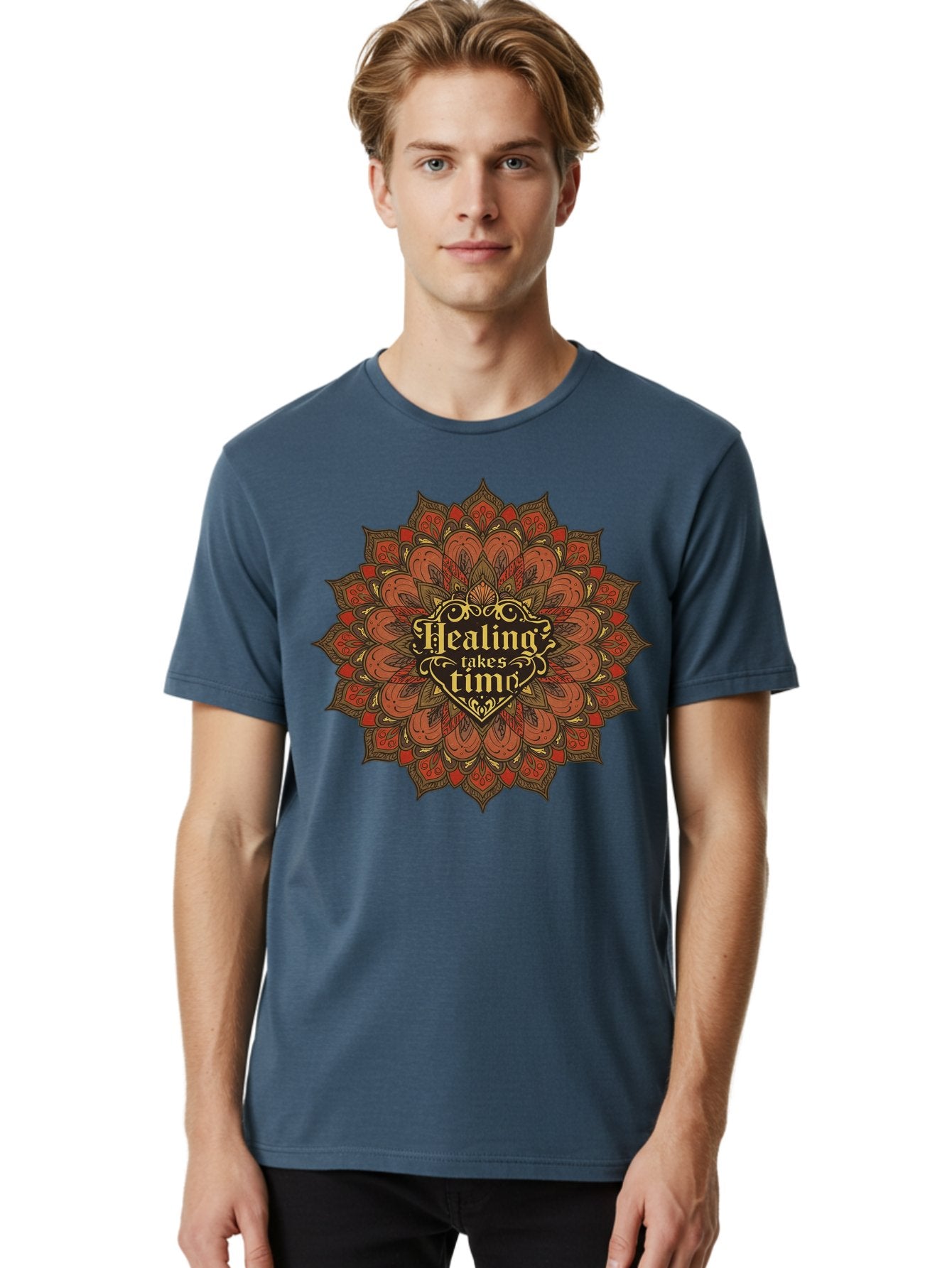 Healing-Takes-Time-4 Men'S Graphic Tee, 100% Cotton, Comfortable Casual Summer Wear, Machine Washable, Mandala Design, Healing Takes Time, Red And Gold Patterns, Intricate Details, Motivational Quote, Mindfulness, Self-Care, Bae034 23