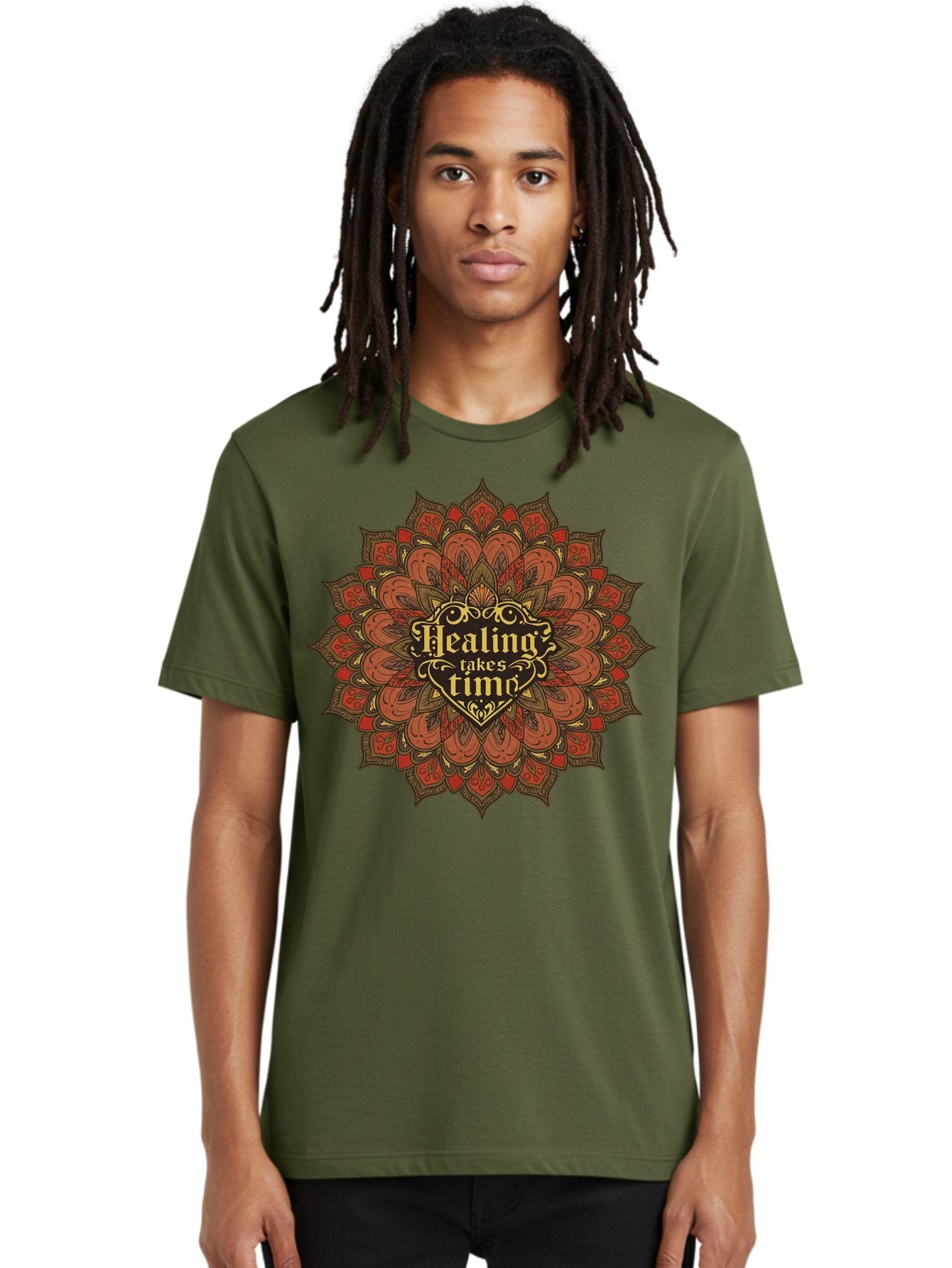 Healing-Takes-Time-4 Men'S Graphic Tee, 100% Cotton, Comfortable Casual Summer Wear, Machine Washable, Mandala Design, Healing Takes Time, Red And Gold Patterns, Intricate Details, Motivational Quote, Mindfulness, Self-Care, Bae034 30