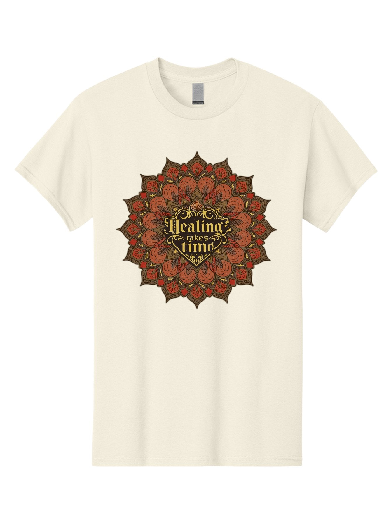 Healing-Takes-Time-4 Men'S Graphic Tee, 100% Cotton, Comfortable Casual Summer Wear, Machine Washable, Mandala Design, Healing Takes Time, Red And Gold Patterns, Intricate Details, Motivational Quote, Mindfulness, Self-Care, Bae034 3