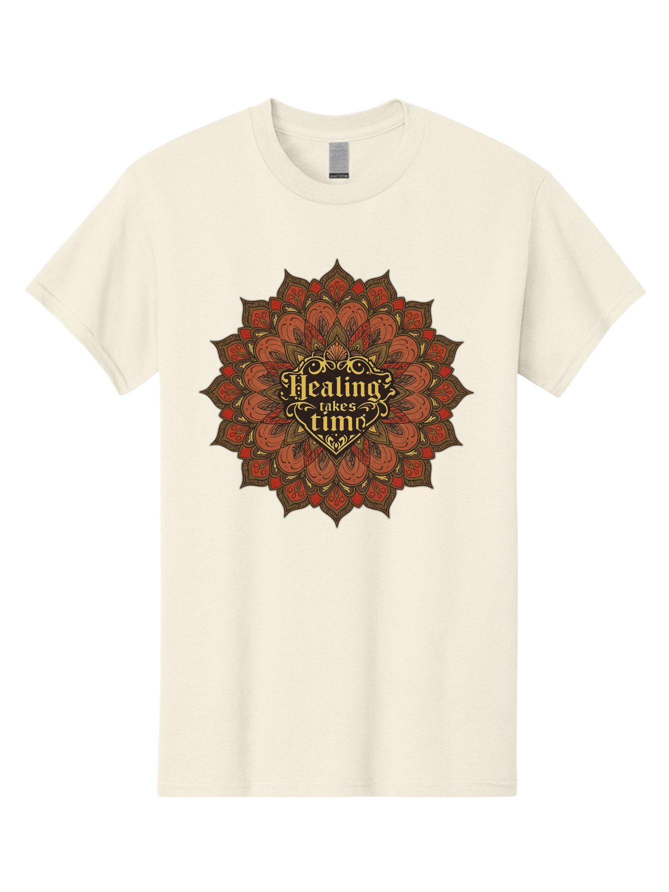 Healing-Takes-Time-4 Men'S Graphic Tee, 100% Cotton, Comfortable Casual Summer Wear, Machine Washable, Mandala Design, Healing Takes Time, Red And Gold Patterns, Intricate Details, Motivational Quote, Mindfulness, Self-Care, Bae034 9