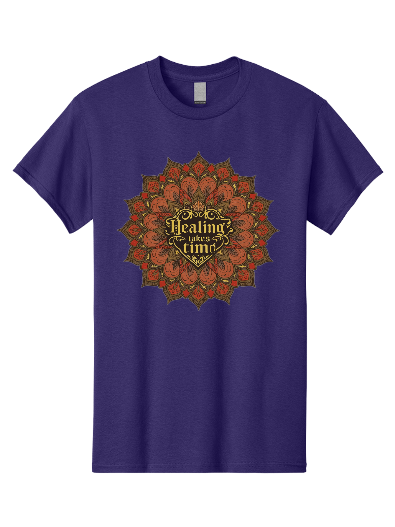 Healing-Takes-Time-4 Men'S Graphic Tee, 100% Cotton, Comfortable Casual Summer Wear, Machine Washable, Mandala Design, Healing Takes Time, Red And Gold Patterns, Intricate Details, Motivational Quote, Mindfulness, Self-Care, Bae034 10