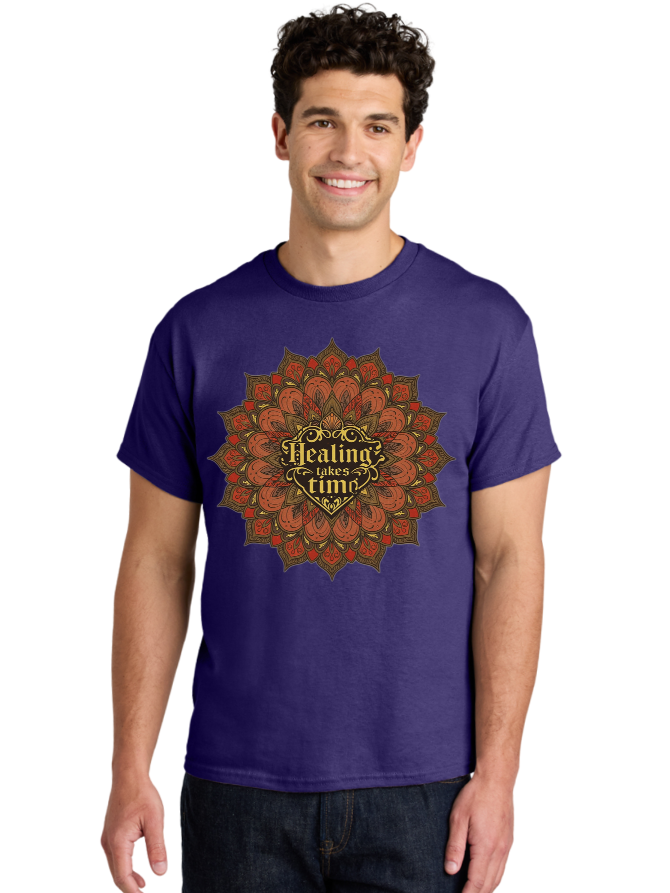 Healing-Takes-Time-4 Men'S Graphic Tee, 100% Cotton, Comfortable Casual Summer Wear, Machine Washable, Mandala Design, Healing Takes Time, Red And Gold Patterns, Intricate Details, Motivational Quote, Mindfulness, Self-Care, Bae034 25