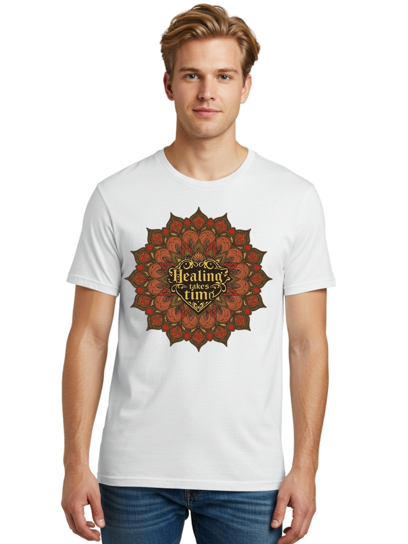 Healing-Takes-Time-4 Men'S Graphic Tee, 100% Cotton, Comfortable Casual Summer Wear, Machine Washable, Mandala Design, Healing Takes Time, Red And Gold Patterns, Intricate Details, Motivational Quote, Mindfulness, Self-Care, Bae034 20