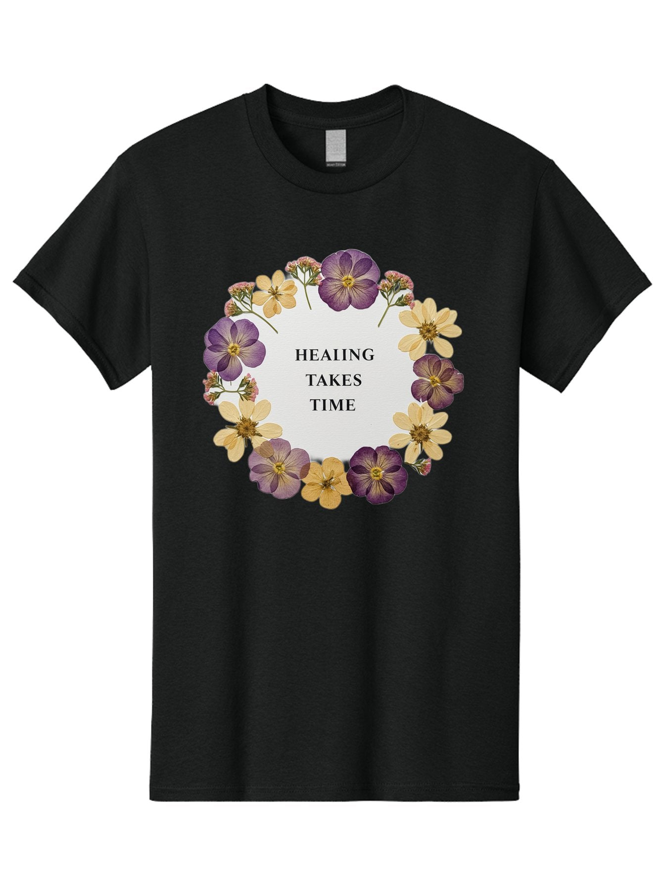 Healing-Takes-Time-5 Men'S Graphic Tee, 100% Cotton, Comfortable Casual Summer Wear, Machine Washable, Healing Takes Time, Purple And Yellow Flowers, Floral Wreath, Inspirational Quote, Motivational Message, Mental Health Awareness, Self Care, Bae035 11