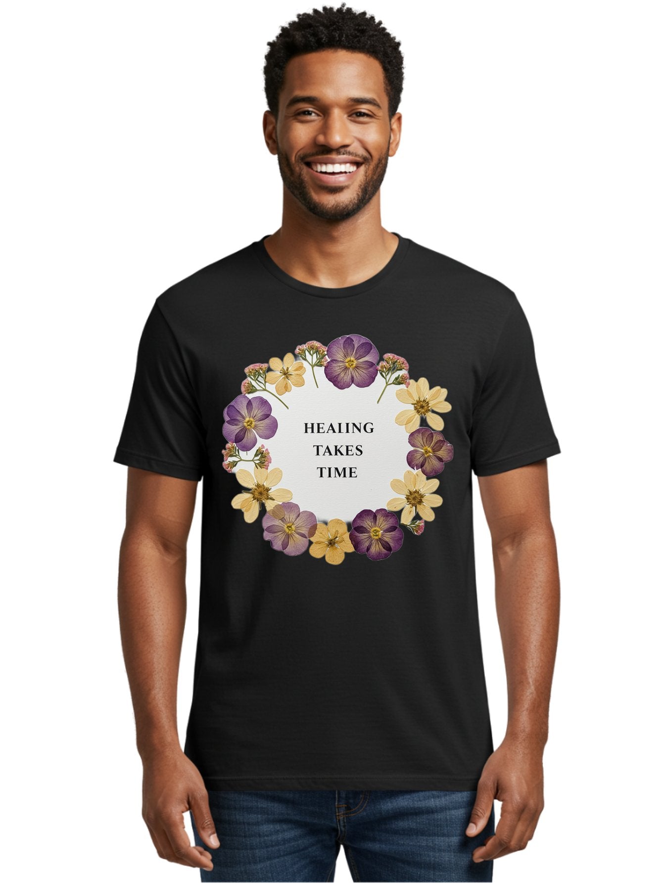 Healing-Takes-Time-5 Men'S Graphic Tee, 100% Cotton, Comfortable Casual Summer Wear, Machine Washable, Healing Takes Time, Purple And Yellow Flowers, Floral Wreath, Inspirational Quote, Motivational Message, Mental Health Awareness, Self Care, Bae035 27