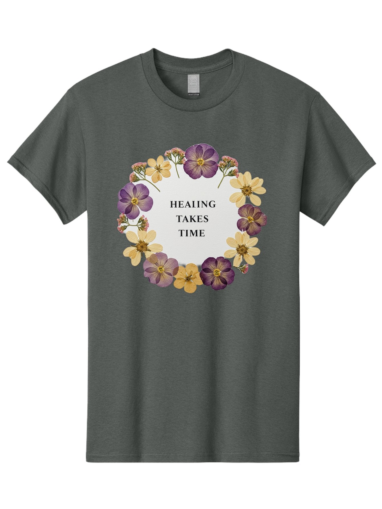 Healing-Takes-Time-5 Men'S Graphic Tee, 100% Cotton, Comfortable Casual Summer Wear, Machine Washable, Healing Takes Time, Purple And Yellow Flowers, Floral Wreath, Inspirational Quote, Motivational Message, Mental Health Awareness, Self Care, Bae035 14