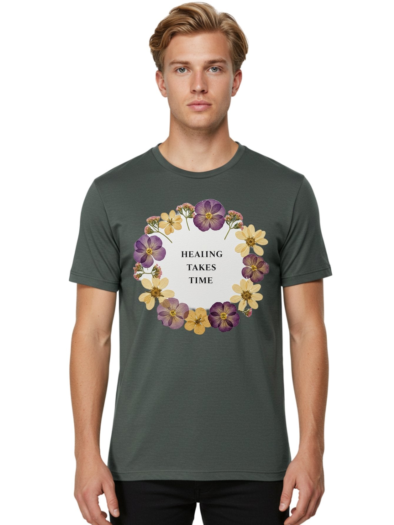 Healing-Takes-Time-5 Men'S Graphic Tee, 100% Cotton, Comfortable Casual Summer Wear, Machine Washable, Healing Takes Time, Purple And Yellow Flowers, Floral Wreath, Inspirational Quote, Motivational Message, Mental Health Awareness, Self Care, Bae035 29