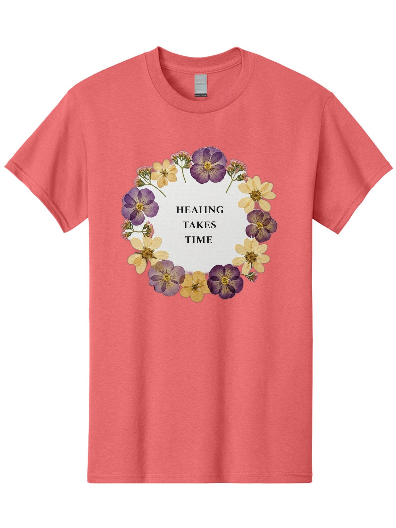 Healing-Takes-Time-5 Men'S Graphic Tee, 100% Cotton, Comfortable Casual Summer Wear, Machine Washable, Healing Takes Time, Purple And Yellow Flowers, Floral Wreath, Inspirational Quote, Motivational Message, Mental Health Awareness, Self Care, Bae035 8