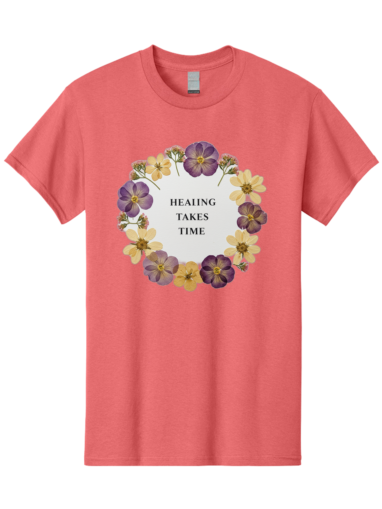 Healing-Takes-Time-5 Men'S Graphic Tee, 100% Cotton, Comfortable Casual Summer Wear, Machine Washable, Healing Takes Time, Purple And Yellow Flowers, Floral Wreath, Inspirational Quote, Motivational Message, Mental Health Awareness, Self Care, Bae035 6