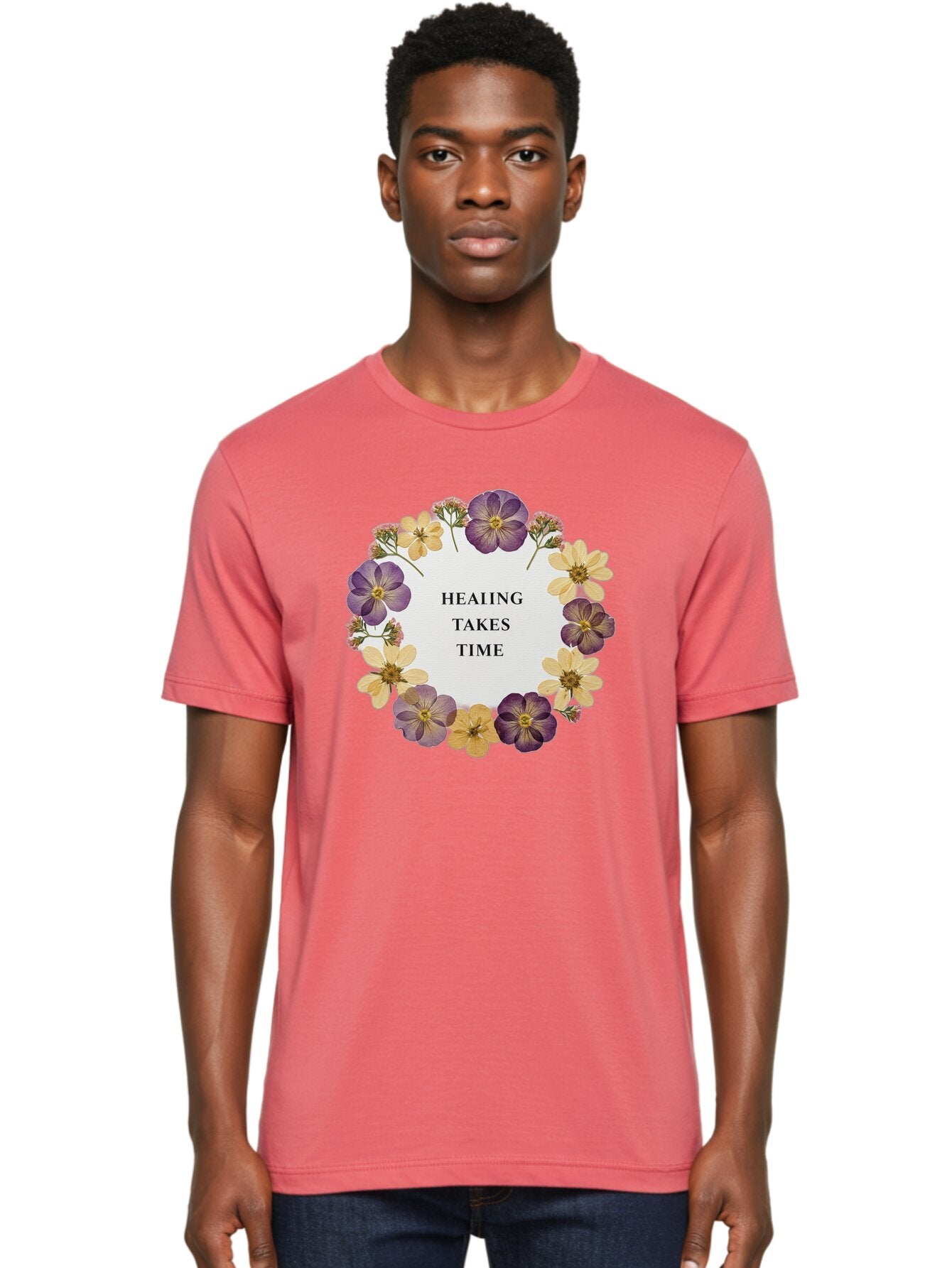 Healing-Takes-Time-5 Men'S Graphic Tee, 100% Cotton, Comfortable Casual Summer Wear, Machine Washable, Healing Takes Time, Purple And Yellow Flowers, Floral Wreath, Inspirational Quote, Motivational Message, Mental Health Awareness, Self Care, Bae035 25