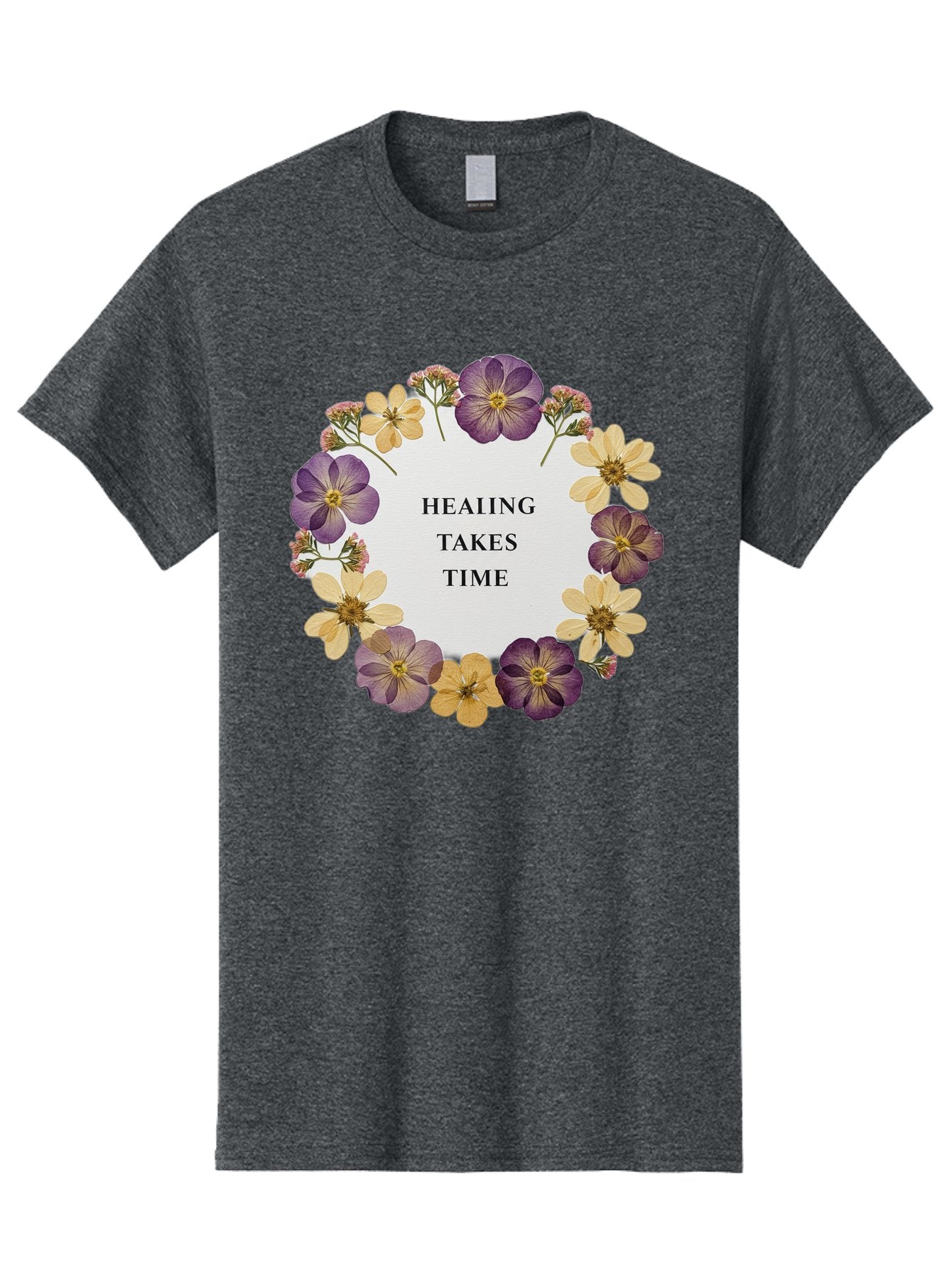 Healing-Takes-Time-5 Men'S Graphic Tee, 100% Cotton, Comfortable Casual Summer Wear, Machine Washable, Healing Takes Time, Purple And Yellow Flowers, Floral Wreath, Inspirational Quote, Motivational Message, Mental Health Awareness, Self Care, Bae035 9
