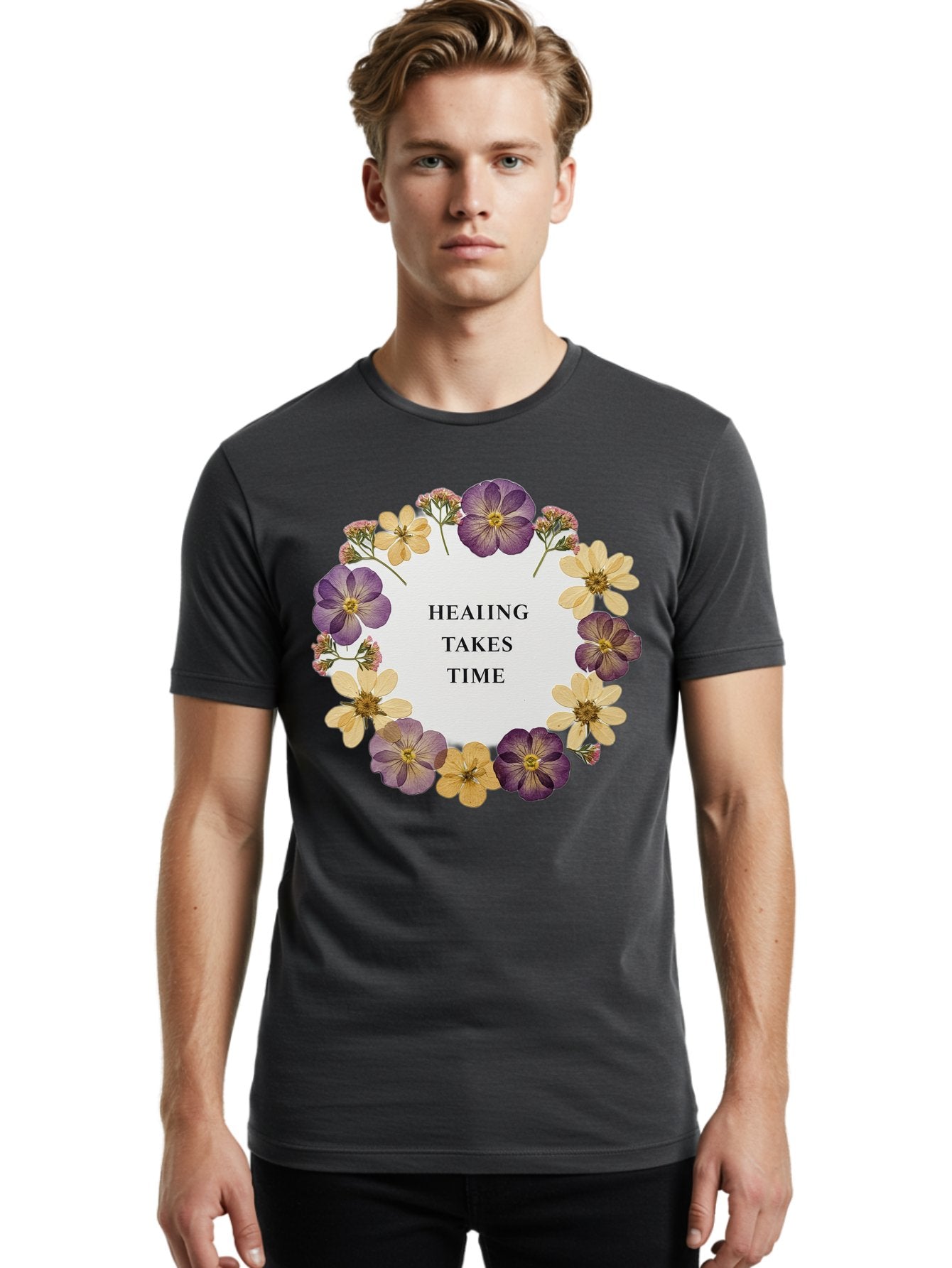 Healing-Takes-Time-5 Men'S Graphic Tee, 100% Cotton, Comfortable Casual Summer Wear, Machine Washable, Healing Takes Time, Purple And Yellow Flowers, Floral Wreath, Inspirational Quote, Motivational Message, Mental Health Awareness, Self Care, Bae035 26