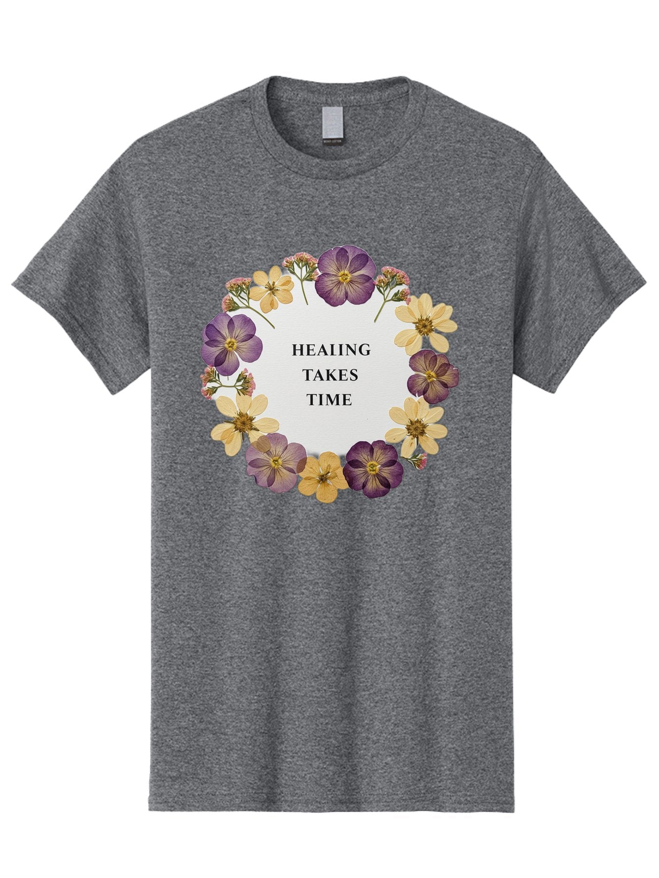 Healing-Takes-Time-5 Men'S Graphic Tee, 100% Cotton, Comfortable Casual Summer Wear, Machine Washable, Healing Takes Time, Purple And Yellow Flowers, Floral Wreath, Inspirational Quote, Motivational Message, Mental Health Awareness, Self Care, Bae035 4