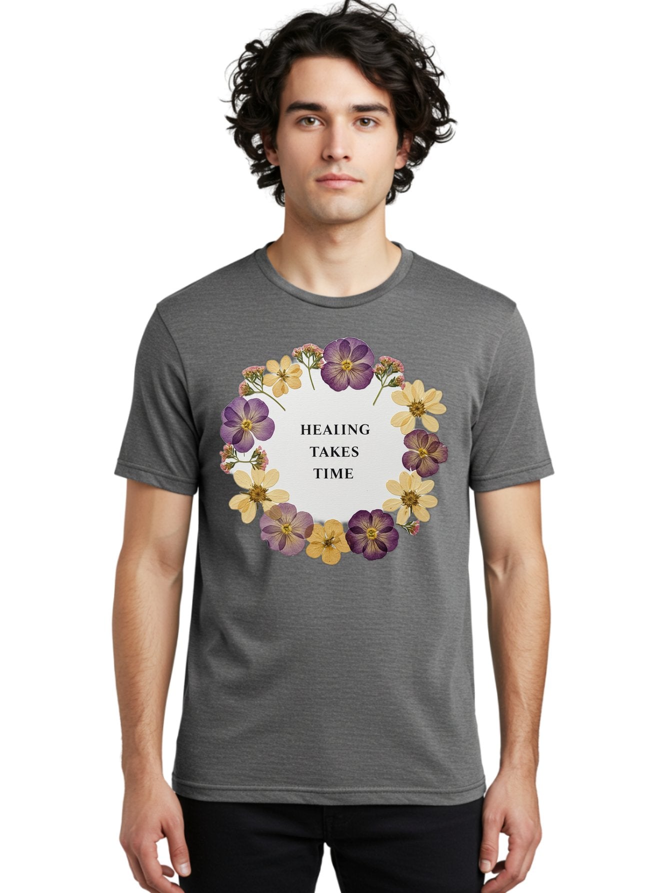 Healing-Takes-Time-5 Men'S Graphic Tee, 100% Cotton, Comfortable Casual Summer Wear, Machine Washable, Healing Takes Time, Purple And Yellow Flowers, Floral Wreath, Inspirational Quote, Motivational Message, Mental Health Awareness, Self Care, Bae035 18