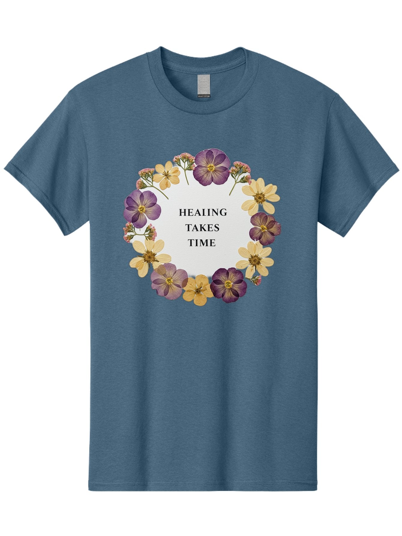 Healing-Takes-Time-5 Men'S Graphic Tee, 100% Cotton, Comfortable Casual Summer Wear, Machine Washable, Healing Takes Time, Purple And Yellow Flowers, Floral Wreath, Inspirational Quote, Motivational Message, Mental Health Awareness, Self Care, Bae035 13