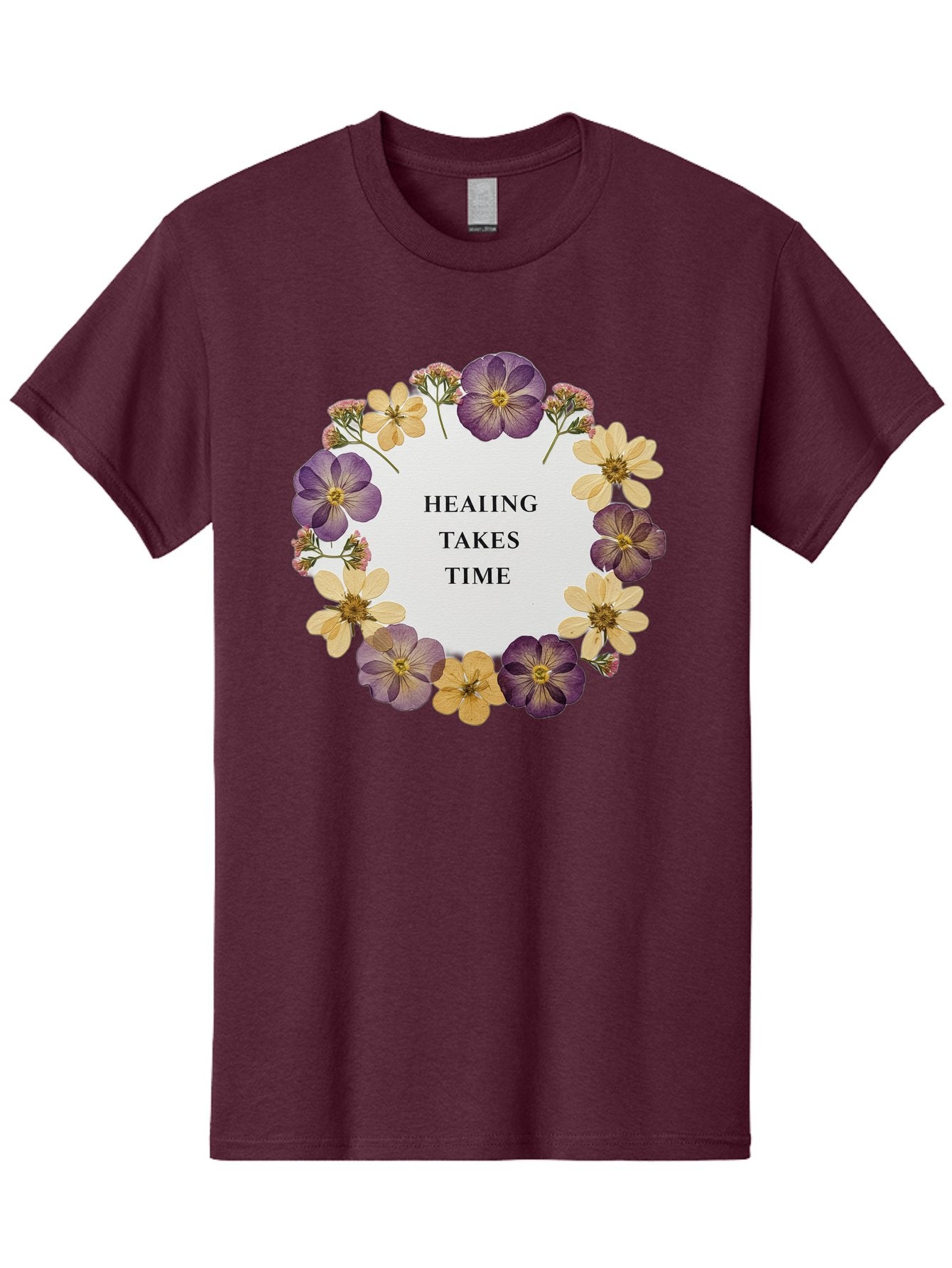 Healing-Takes-Time-5 Men'S Graphic Tee, 100% Cotton, Comfortable Casual Summer Wear, Machine Washable, Healing Takes Time, Purple And Yellow Flowers, Floral Wreath, Inspirational Quote, Motivational Message, Mental Health Awareness, Self Care, Bae035 7