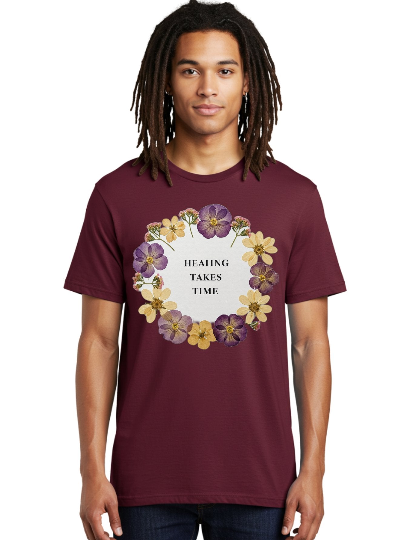 Healing-Takes-Time-5 Men'S Graphic Tee, 100% Cotton, Comfortable Casual Summer Wear, Machine Washable, Healing Takes Time, Purple And Yellow Flowers, Floral Wreath, Inspirational Quote, Motivational Message, Mental Health Awareness, Self Care, Bae035 16