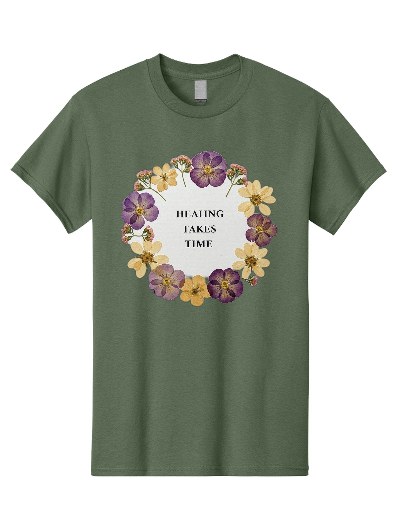 Healing-Takes-Time-5 Men'S Graphic Tee, 100% Cotton, Comfortable Casual Summer Wear, Machine Washable, Healing Takes Time, Purple And Yellow Flowers, Floral Wreath, Inspirational Quote, Motivational Message, Mental Health Awareness, Self Care, Bae035 5
