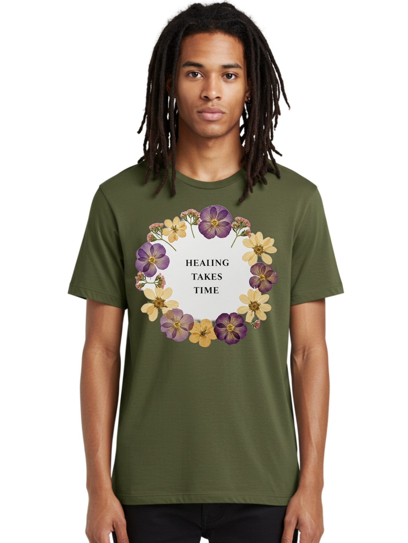 Healing-Takes-Time-5 Men'S Graphic Tee, 100% Cotton, Comfortable Casual Summer Wear, Machine Washable, Healing Takes Time, Purple And Yellow Flowers, Floral Wreath, Inspirational Quote, Motivational Message, Mental Health Awareness, Self Care, Bae035 23