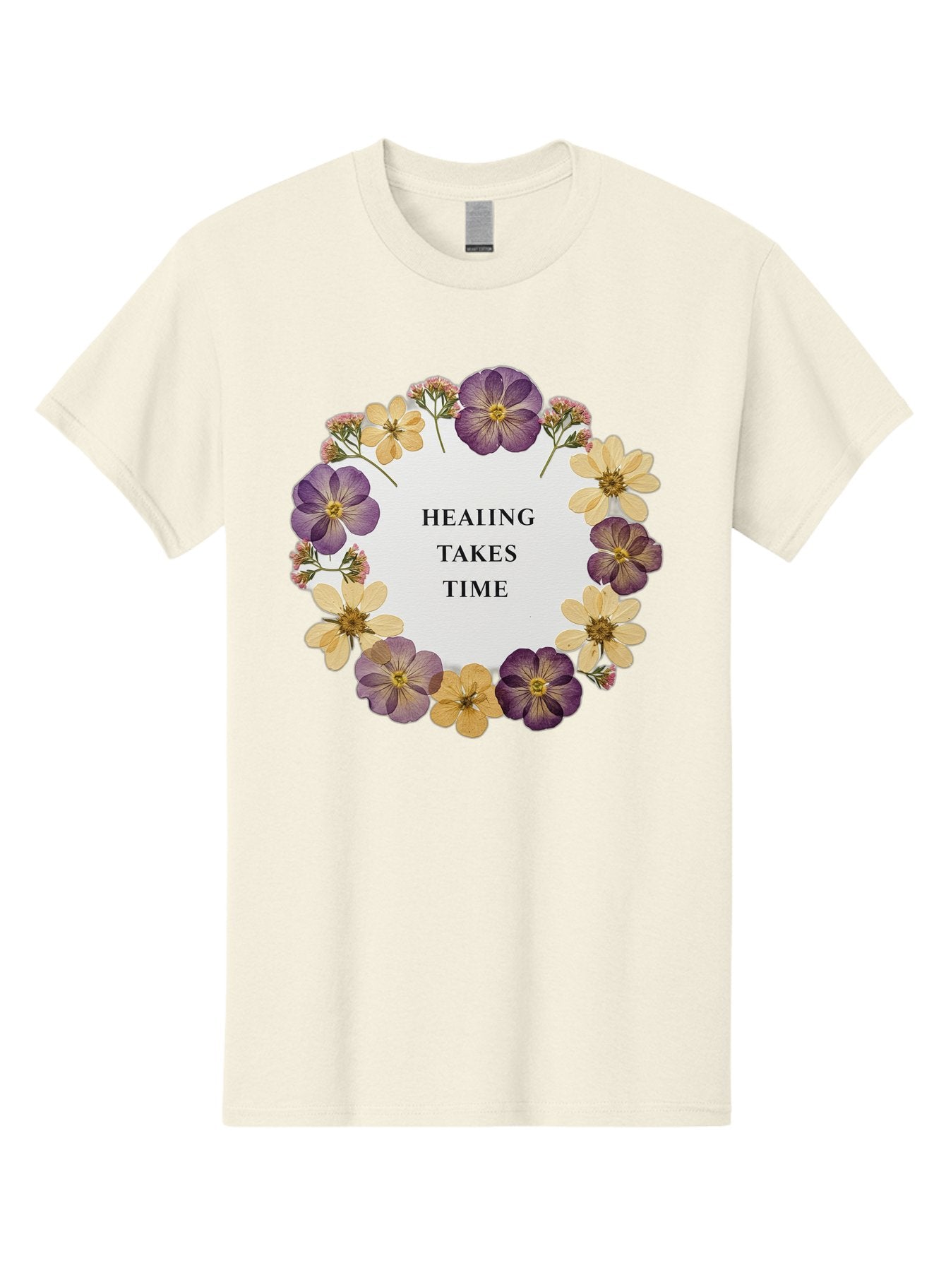 Healing-Takes-Time-5 Men'S Graphic Tee, 100% Cotton, Comfortable Casual Summer Wear, Machine Washable, Healing Takes Time, Purple And Yellow Flowers, Floral Wreath, Inspirational Quote, Motivational Message, Mental Health Awareness, Self Care, Bae035