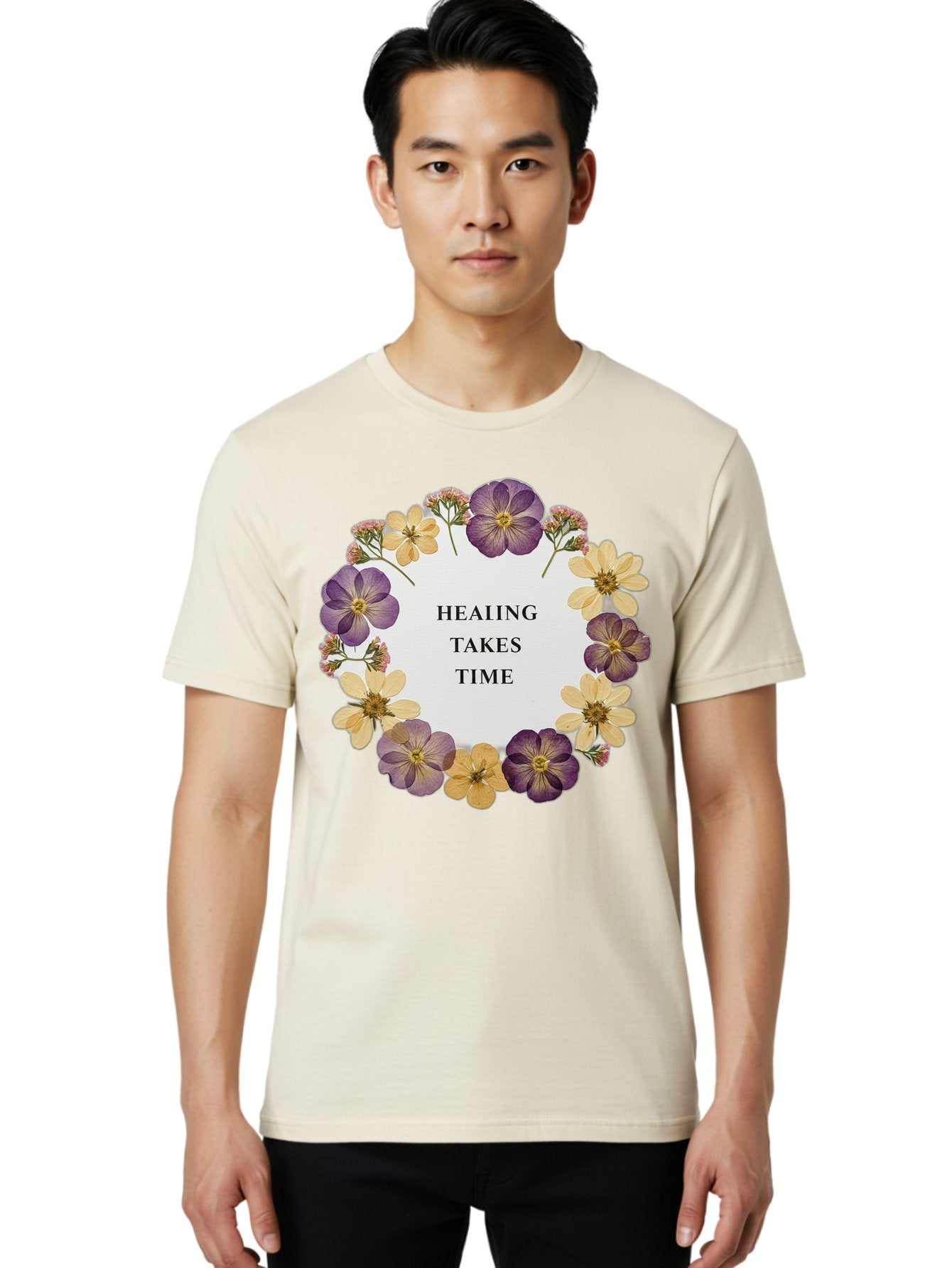 Healing-Takes-Time-5 Men'S Graphic Tee, 100% Cotton, Comfortable Casual Summer Wear, Machine Washable, Healing Takes Time, Purple And Yellow Flowers, Floral Wreath, Inspirational Quote, Motivational Message, Mental Health Awareness, Self Care, Bae035 19