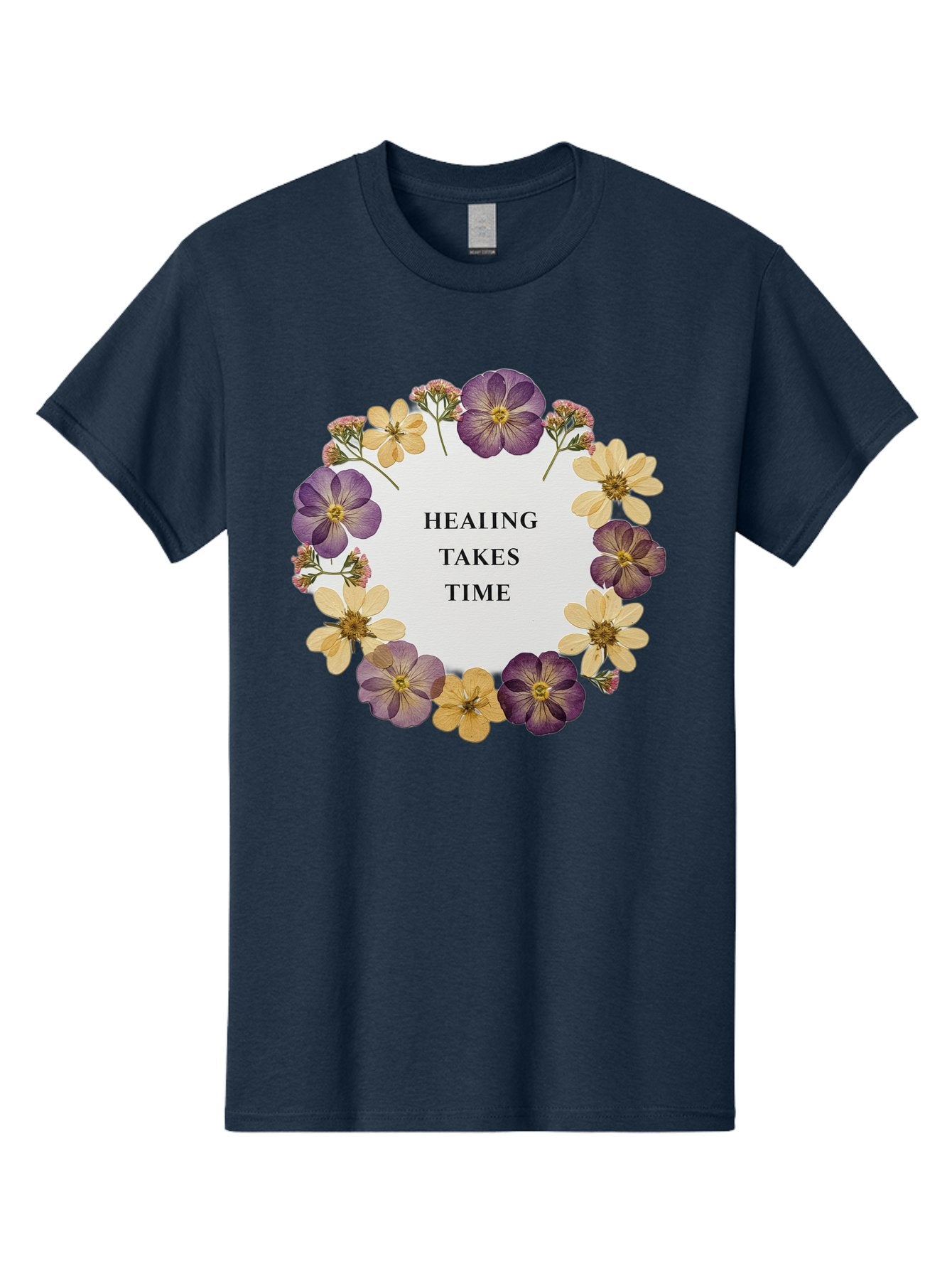 Healing-Takes-Time-5 Men'S Graphic Tee, 100% Cotton, Comfortable Casual Summer Wear, Machine Washable, Healing Takes Time, Purple And Yellow Flowers, Floral Wreath, Inspirational Quote, Motivational Message, Mental Health Awareness, Self Care, Bae035 6