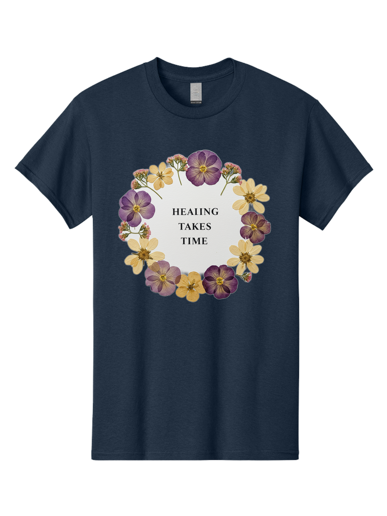 Healing-Takes-Time-5 Men'S Graphic Tee, 100% Cotton, Comfortable Casual Summer Wear, Machine Washable, Healing Takes Time, Purple And Yellow Flowers, Floral Wreath, Inspirational Quote, Motivational Message, Mental Health Awareness, Self Care, Bae035 7