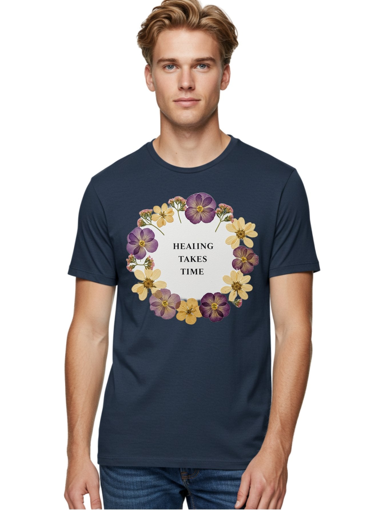 Healing-Takes-Time-5 Men'S Graphic Tee, 100% Cotton, Comfortable Casual Summer Wear, Machine Washable, Healing Takes Time, Purple And Yellow Flowers, Floral Wreath, Inspirational Quote, Motivational Message, Mental Health Awareness, Self Care, Bae035 24