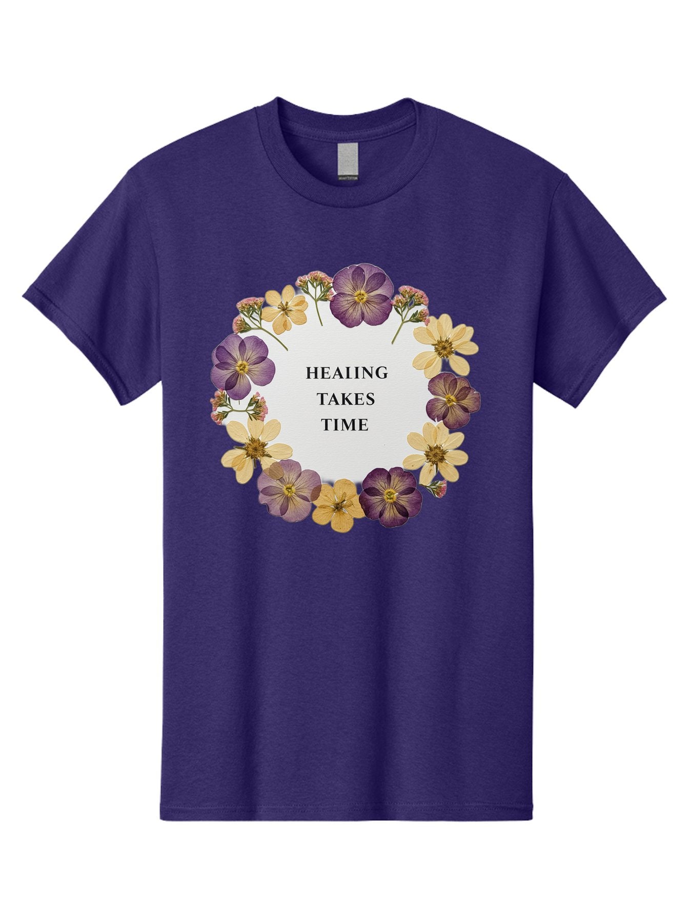 Healing-Takes-Time-5 Men'S Graphic Tee, 100% Cotton, Comfortable Casual Summer Wear, Machine Washable, Healing Takes Time, Purple And Yellow Flowers, Floral Wreath, Inspirational Quote, Motivational Message, Mental Health Awareness, Self Care, Bae035